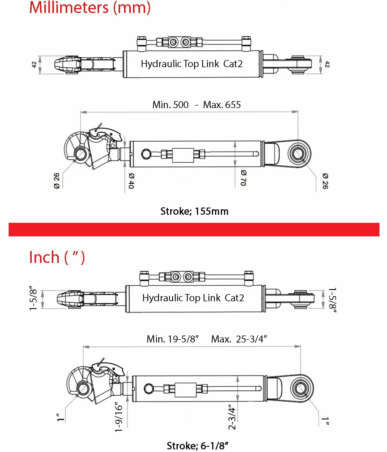 Tercer Punto Hidráulico Cat 2 (500 – 676 mm) con Engache Rápido, Bloque de Bloqueo y 2 Mangueras