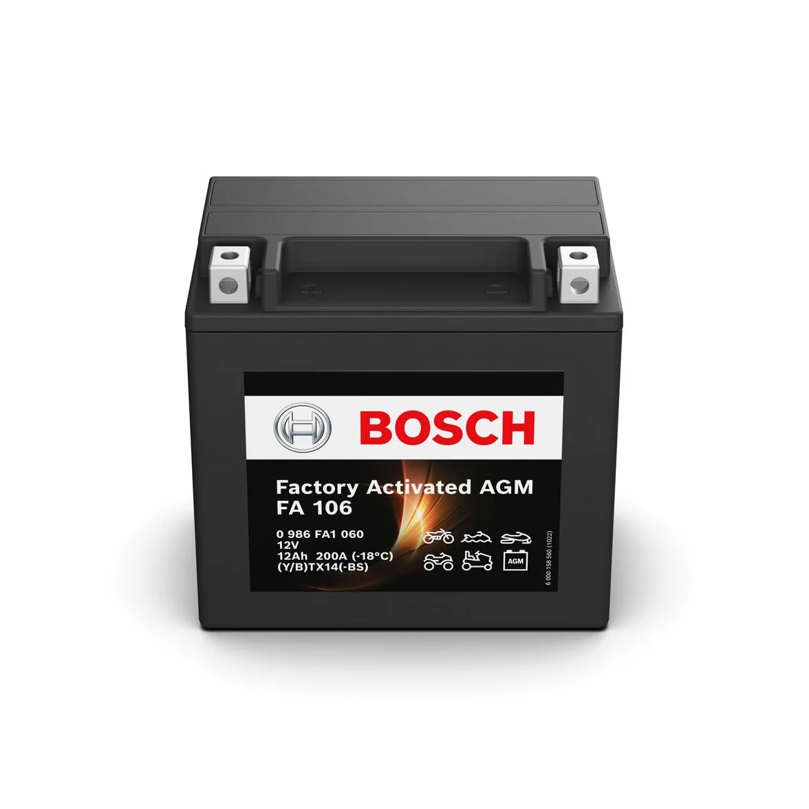 Bosch FA106 - Batería para Motocicletas AGM - 12V 200A 12Ah - Adecuada para motocicletas, motos de enduro, scooters, quads, motos de agua - Compatible M6018, BTX14-BS, BTX14