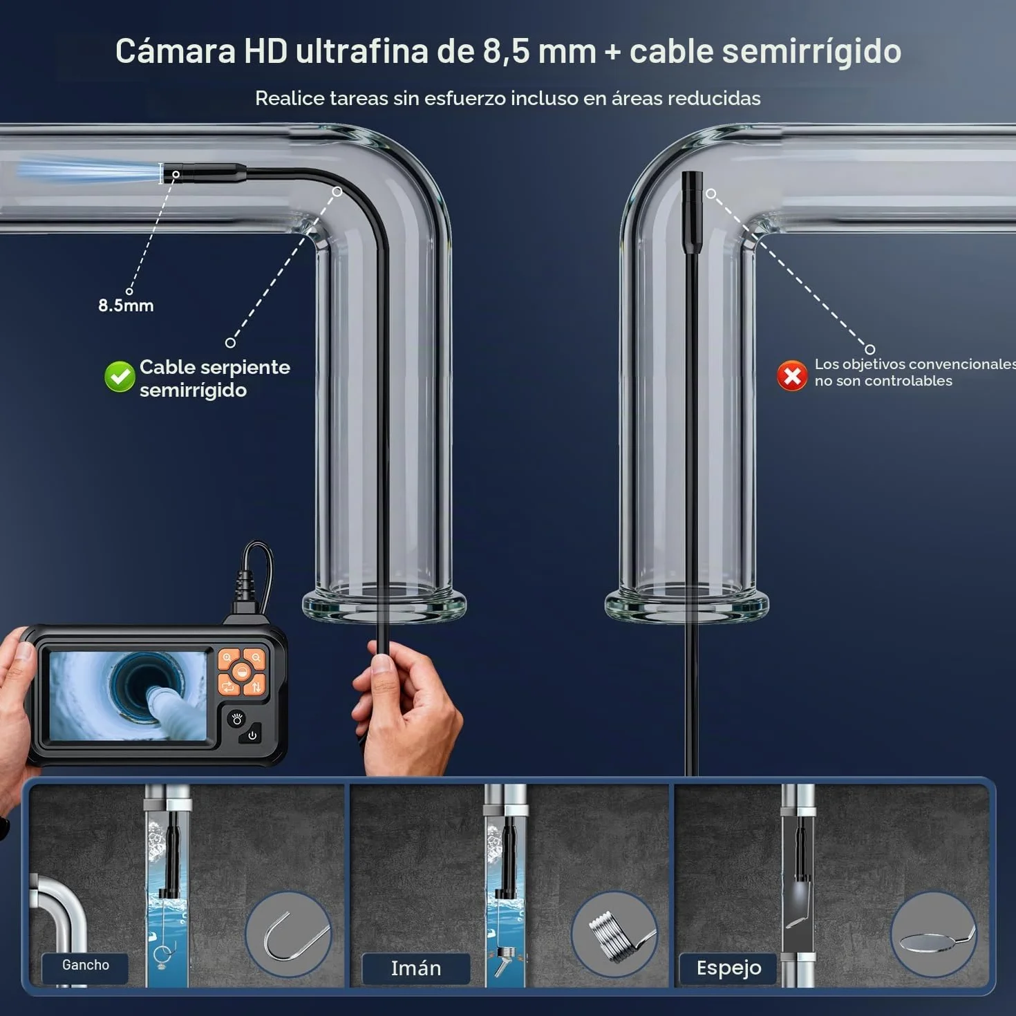 SKYBASIC Endoscopio Cámara de Inspección, 4.3" IPS 1080P HD Cámara de Inspección Boroscopio con 8 LED, Camara Inspeccion Tuberias Impermeable IP67, para Automóviles, Paredes y Desagües（20M）