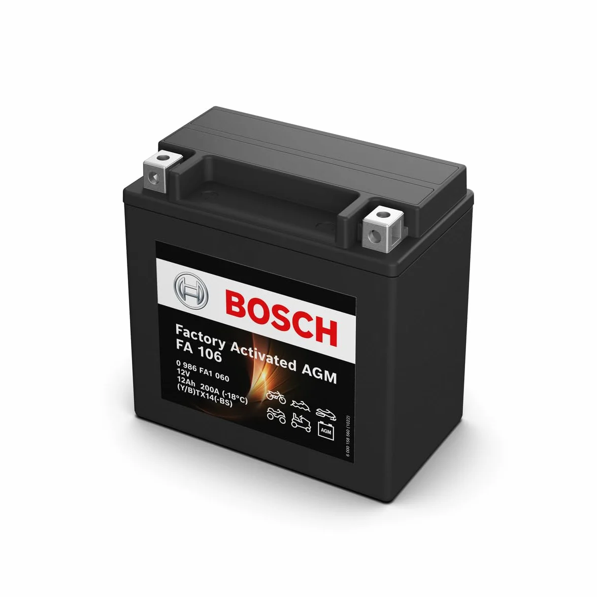 Bosch FA106 - Batería para Motocicletas AGM - 12V 200A 12Ah - Adecuada para motocicletas, motos de enduro, scooters, quads, motos de agua - Compatible M6018, BTX14-BS, BTX14