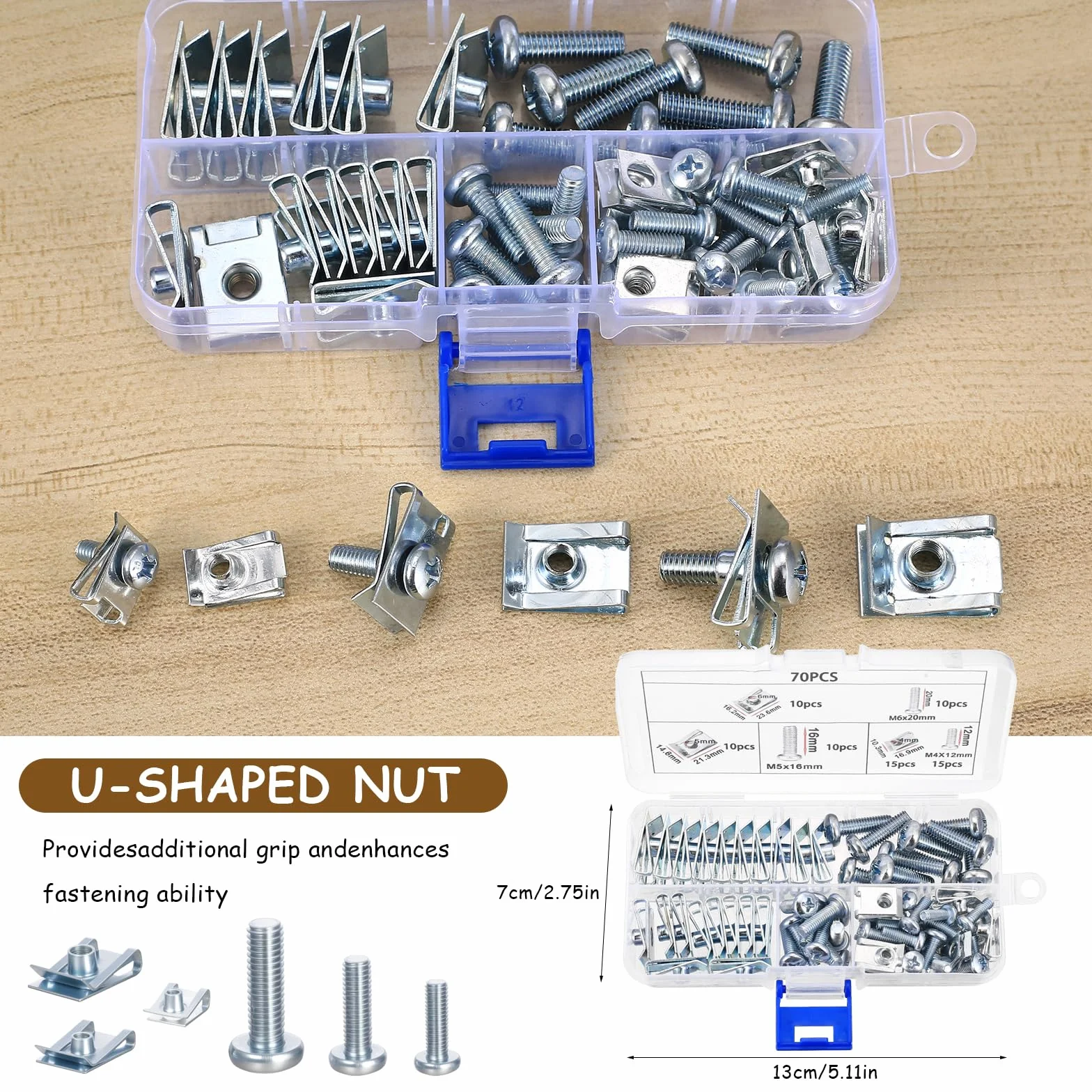 70 Pcs Tuercas de Clip Tornillos Coche, M4 M5 M6 U Clips de Grapas Coche Paneles de Puerta, Clip de Sujeción Tipo U, Tuercas en U de Metal para Fijación Automóviles Guardabarros de Parachoques