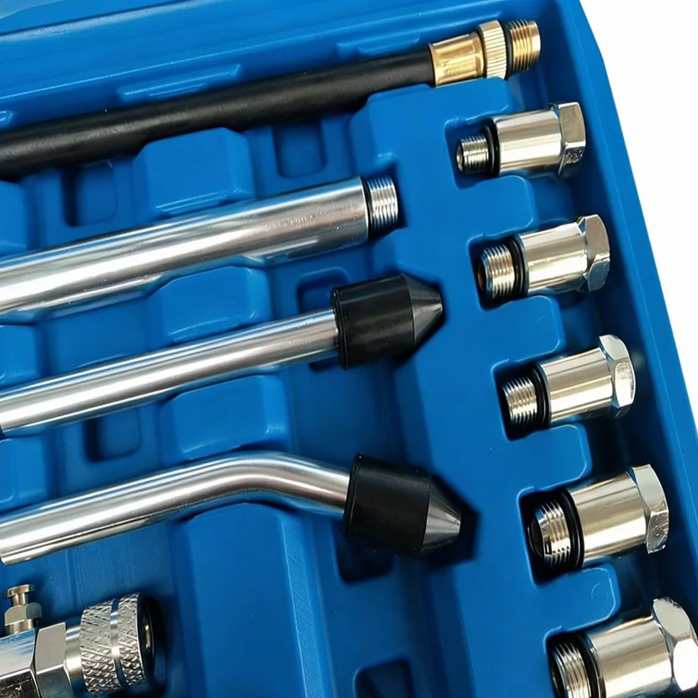 KiraKira Kit de comprobador de compresión de motor de coche, 300 PSI, juego de medidores de conexión rápida con adaptadores de 18 mm, 14 mm, 12 mm, 10 mm, 16 mm, cilindro de detección de fugas