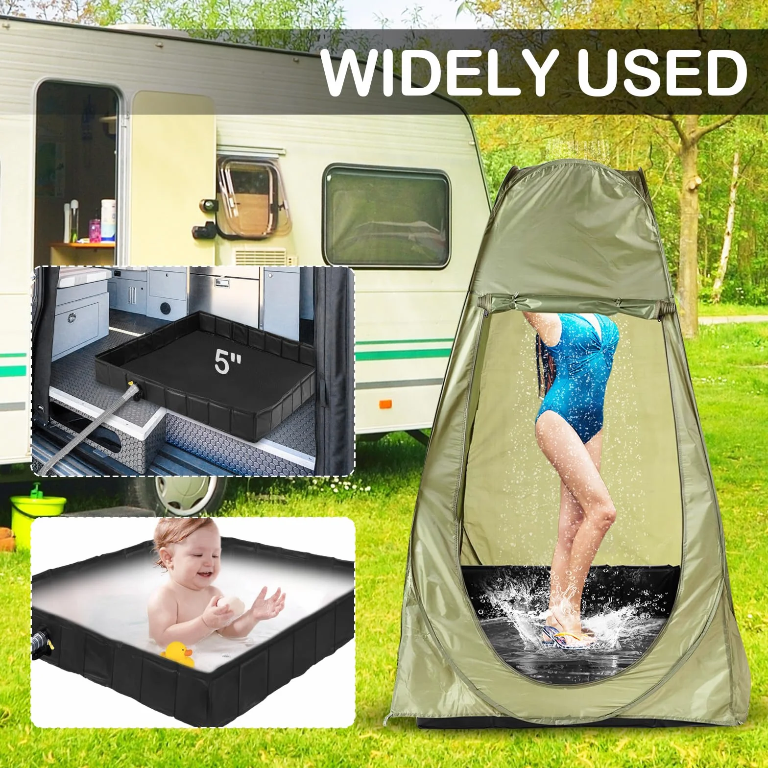 Base de ducha plegable de 105 x 105 x 13 cm, bandeja de ducha con manguera de drenaje, base de ducha portátil para exteriores, camping, caravana, interior, bañera para mascotas