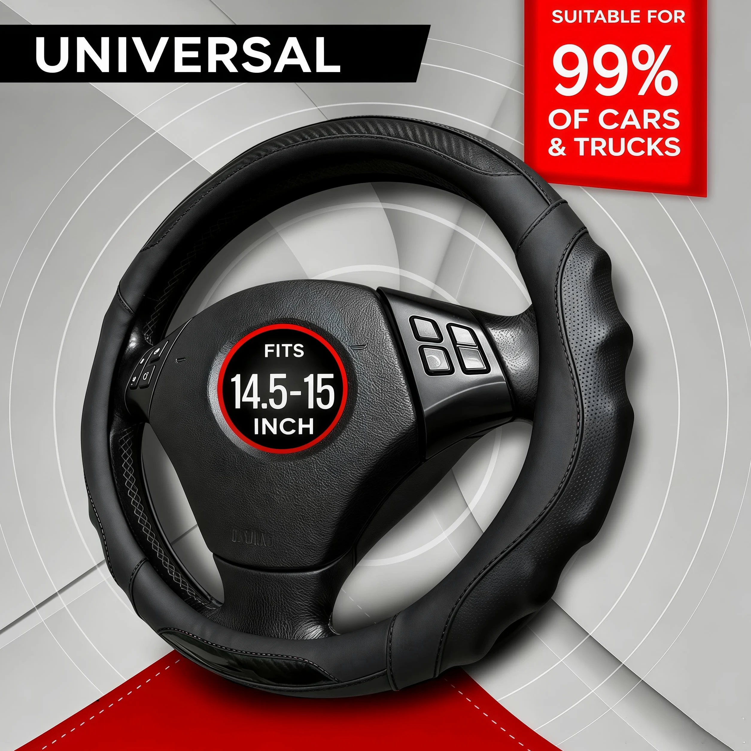 Funda de cuero para volante de automóvil, 14.5-15 pulgadas, antideslizante, universal para coches, camiones, SUV, accesorios de automóvil (línea negra - negra)