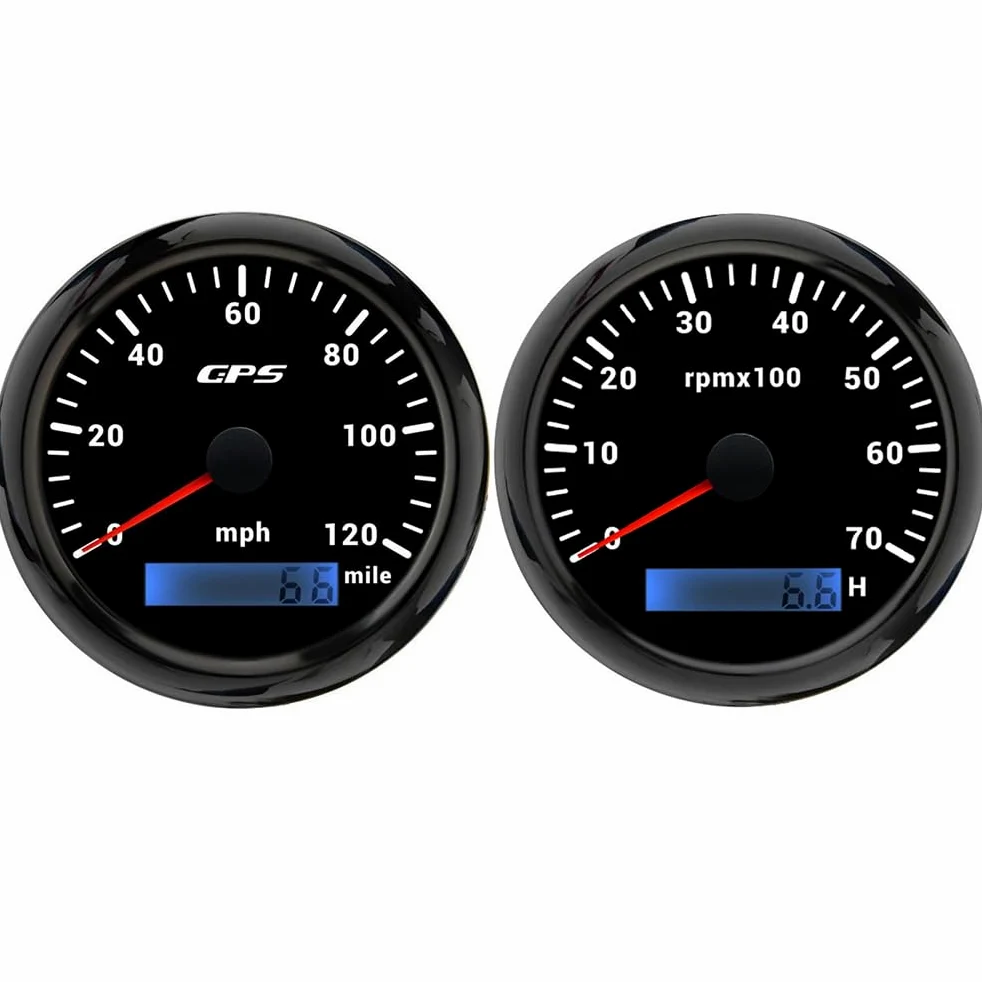 ELING Velocímetro GPS de 85 mm 0 – 120 MPH odómetro con 0 – 7000 rpm con contador de horas de funcionamiento 7 colores retroiluminados para SUV autocaravana 12 V 24 V