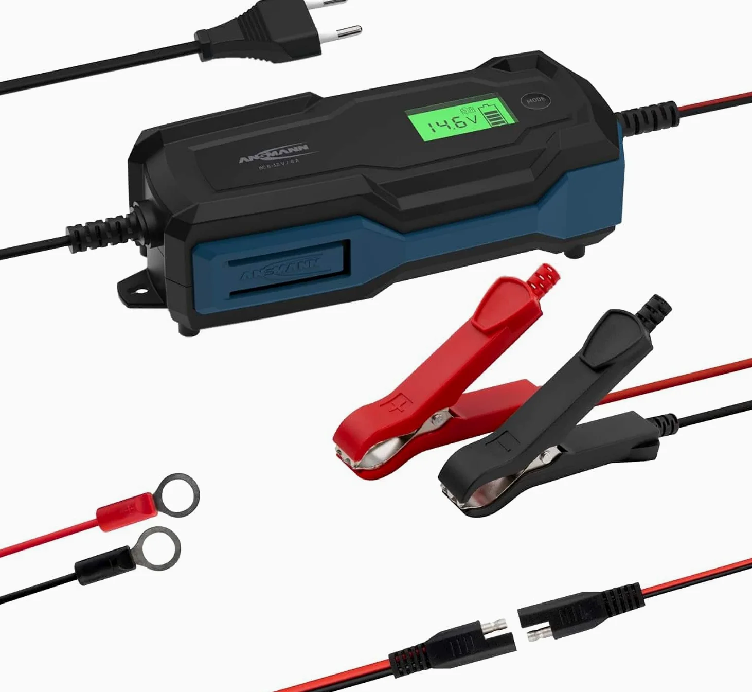 ANSMANN Cargador Inteligente de 10 Pasos 6 V 12 V/6 A con Pantalla LCD para baterías Plomo-Acido, Plomo-Gel y Plomo-Lies, así como baterías de 12 V LiFePo4 para Coche, Moto y Furgoneta