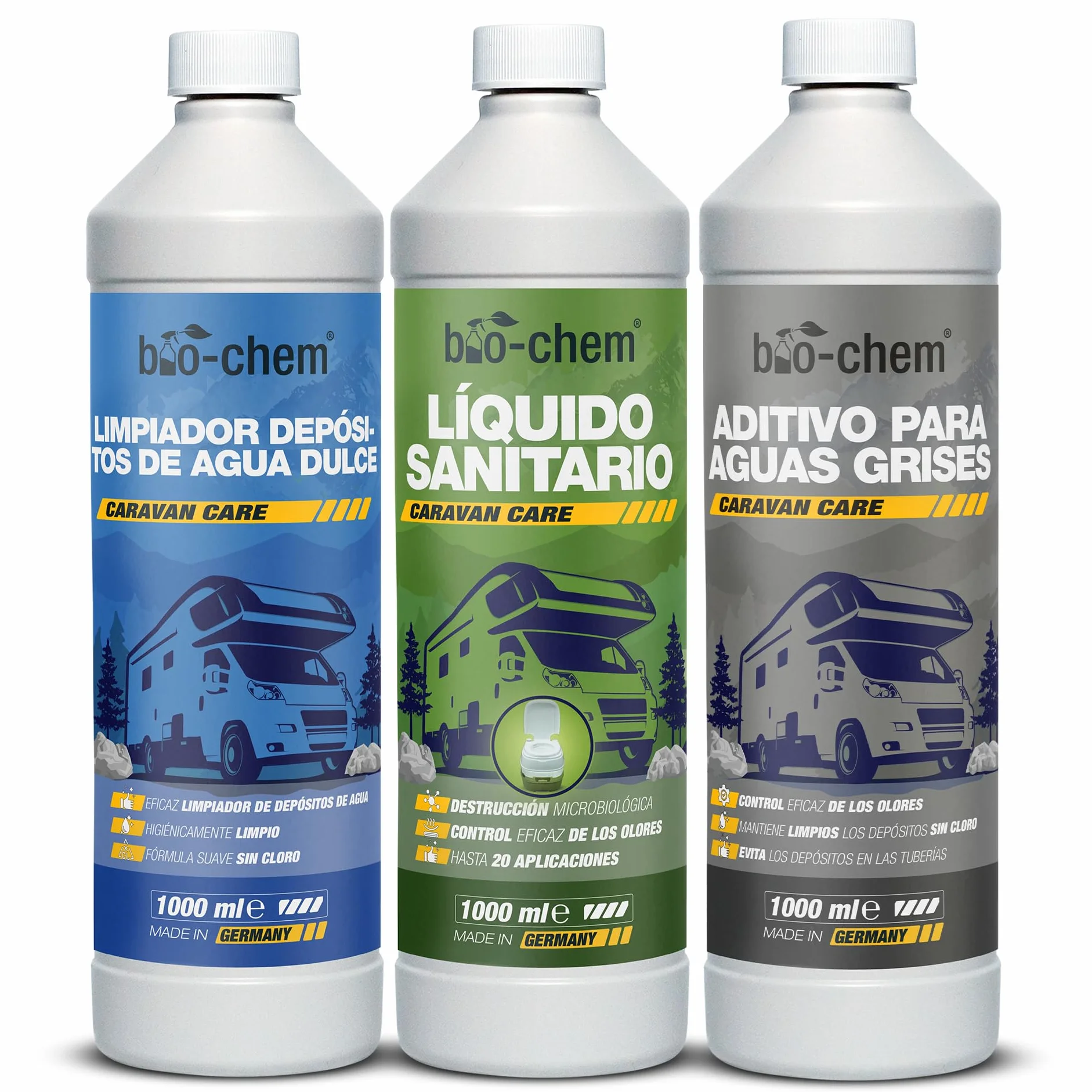 Bio-Chem - Set de 3 Productos de Limpieza para aseos higiénicos de autocaravanas - Limpiador para depósitos de Agua Dulce de caravanas - Limpiador para Aguas Grises - Líquido Sanitario