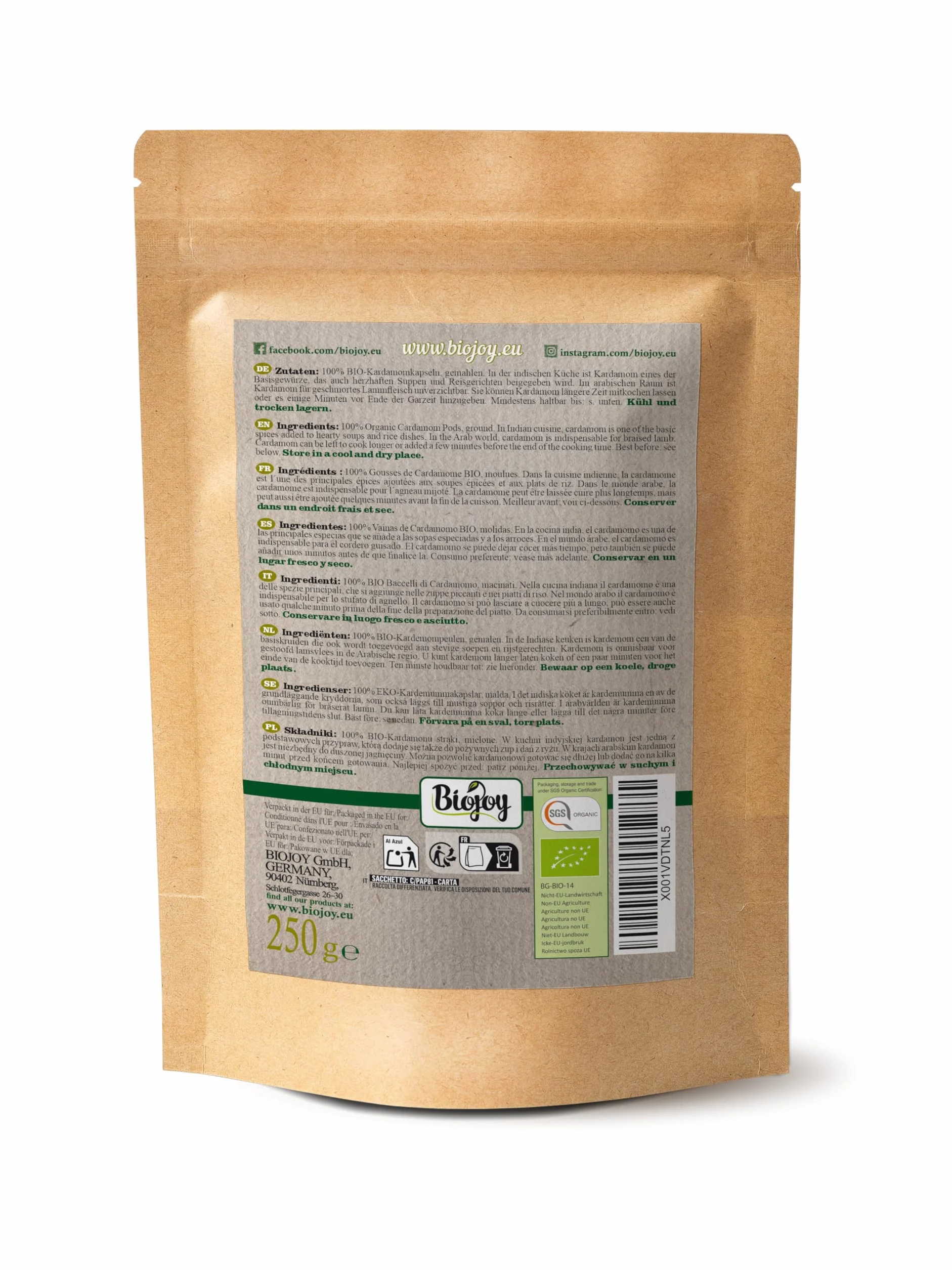 Biojoy Cardamomo molido BÍO 250 g Polvo de Elettaria cardamomum