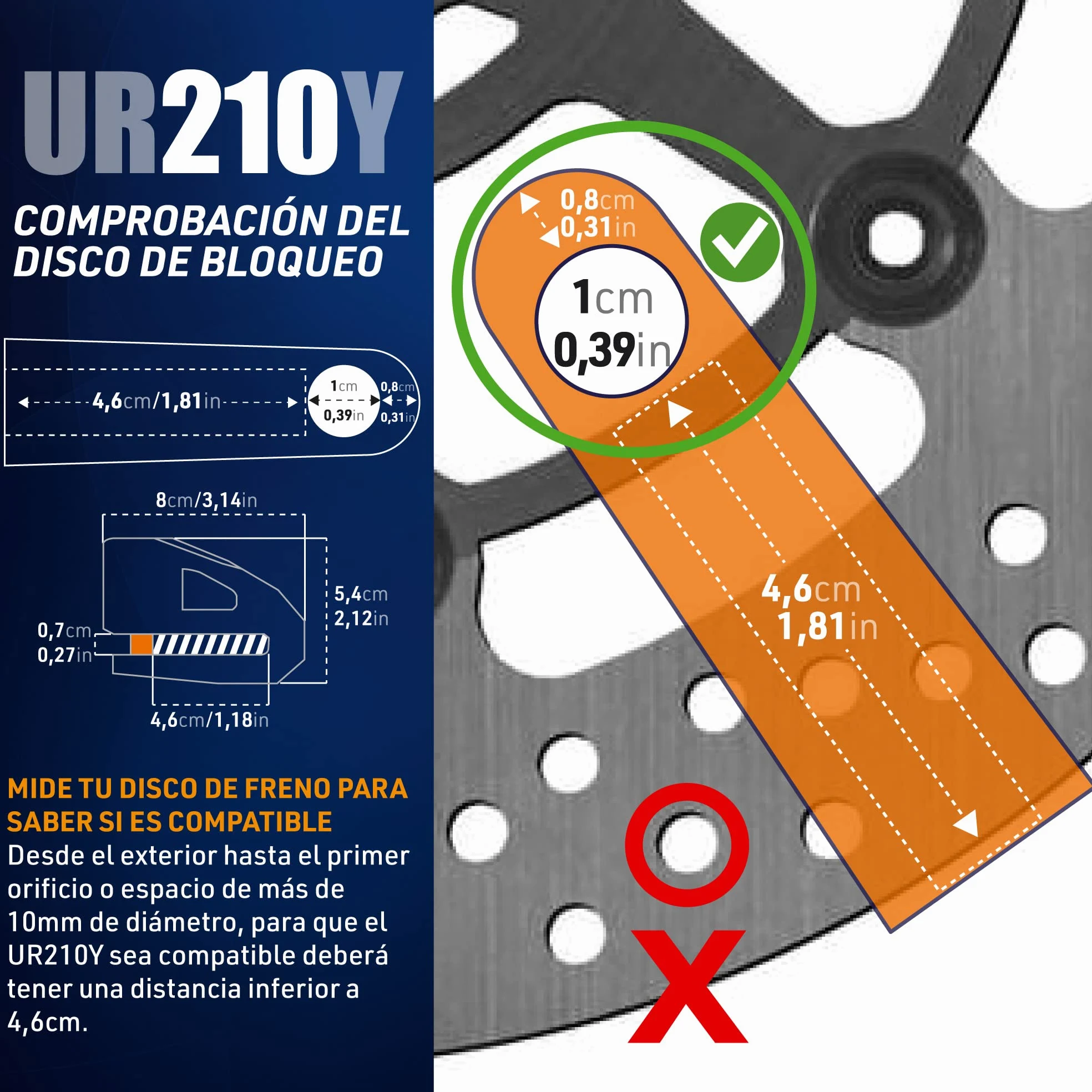 URBAN UR210Y Candado Moto Homologado SRA, Antirrobo Disco Máxima Seguridad, Testado Doble Bloqueo ø10mm, Cerradura Anti-Taladro, Arquitectura Ligera, Cepo Pinza Motos y Scooter, Acero Inox Amarillo