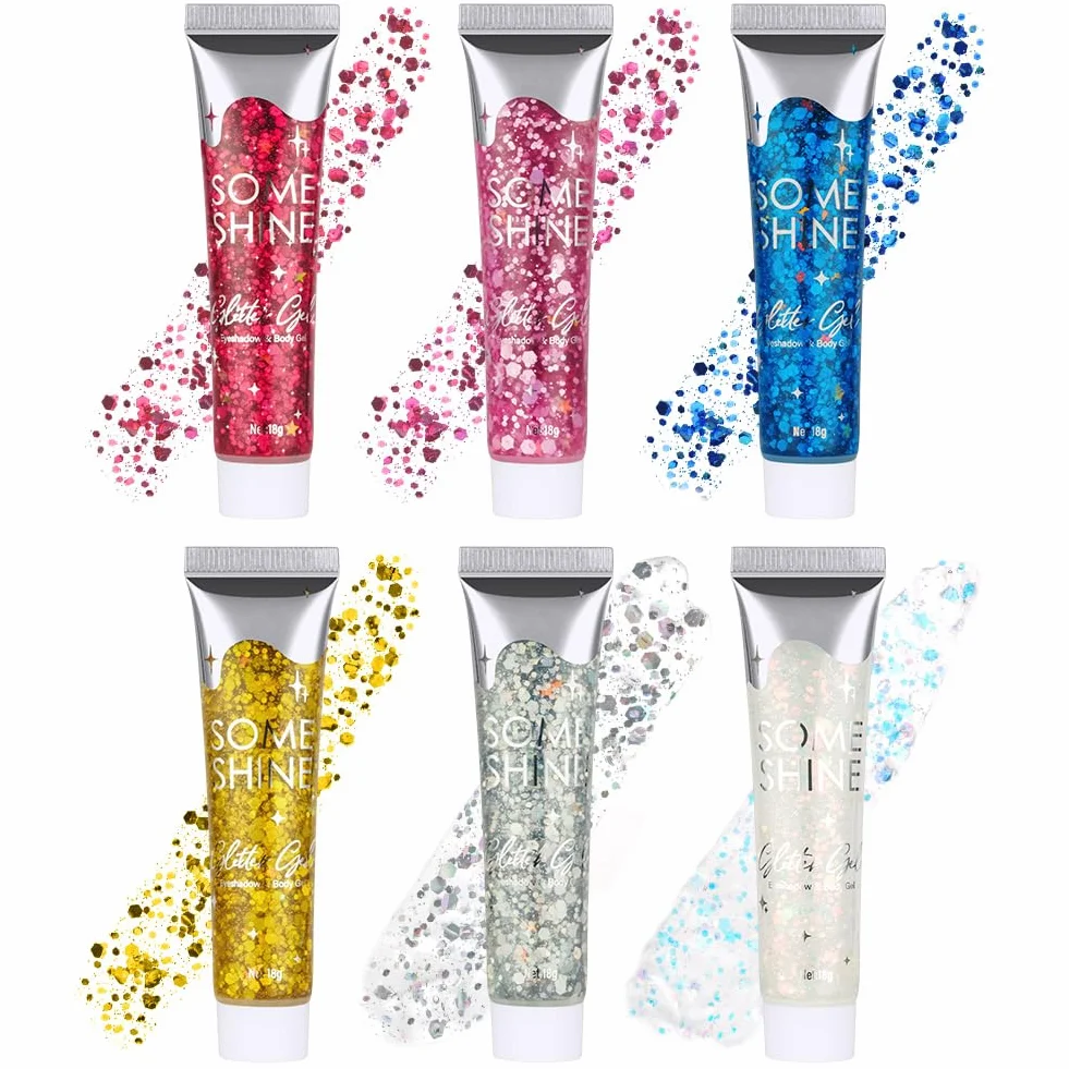Purpurina Cara Gel 18g Festival Gel Purpurina Líquida Corporal Chunky Glitter Carnaval (Azul+Rosa+Plata+Blanco+Oro+Rojo Rosa)
