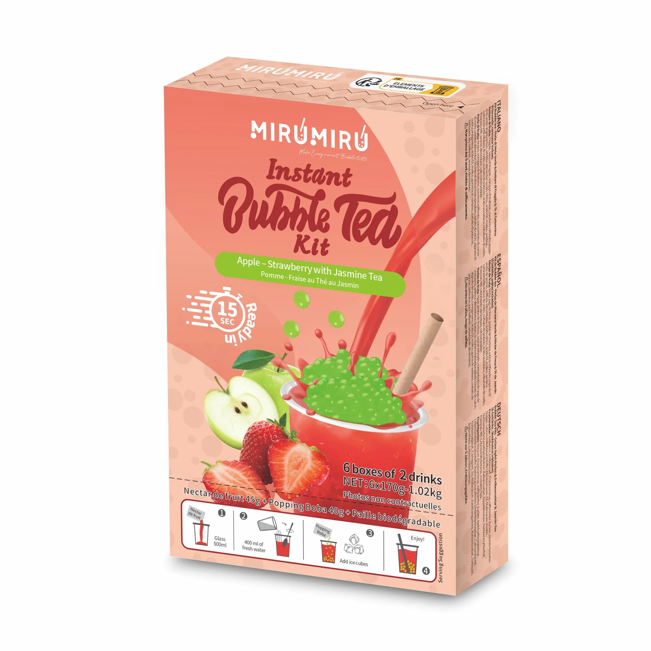 Kit de Bubble Tea MiruMiru - Perlas de Manzana Verde y Néctar de Fresa con Té de Jazmín - Kit Casero para Hacer Bebidas con Pajitas