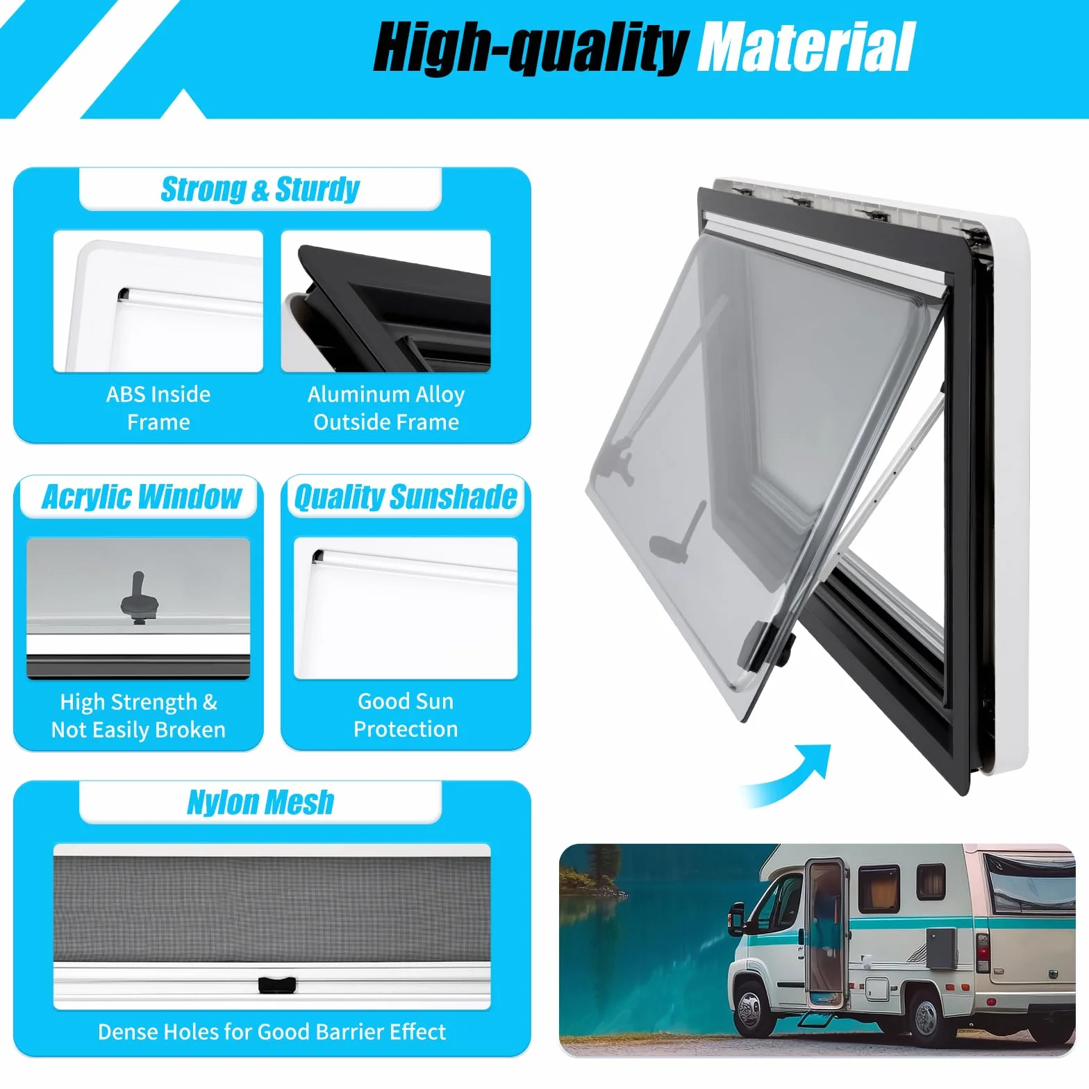 Ventana para autocaravana ACROSSPART con certificación ECE 43R, ventana abatible para camper con persiana integrada y mosquitera, ventana abatible de 70° para autocaravanas, caravanas, furgonetas (90