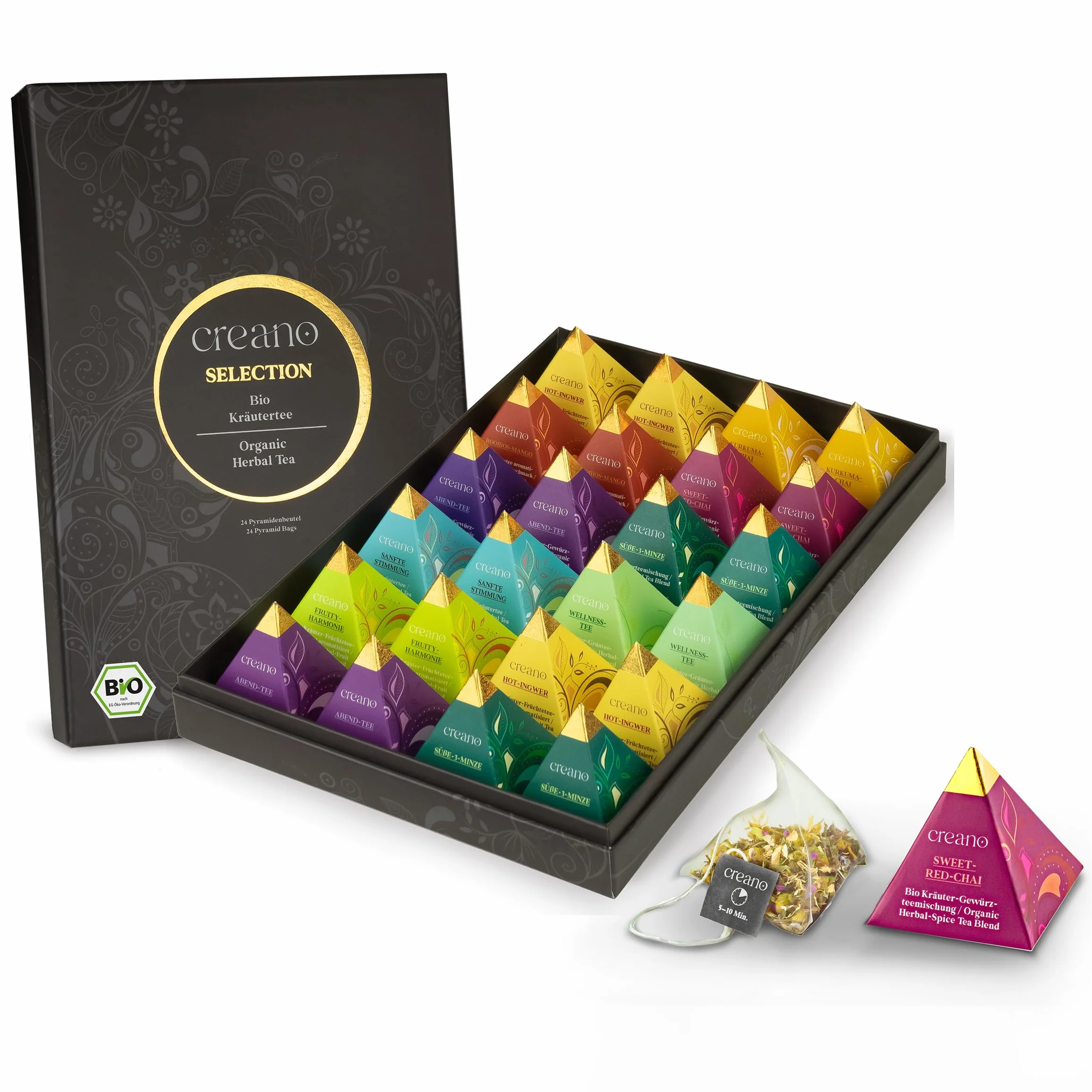 Creano Set de Regalo de Té Bio Orgánico Infusión de Hierbas 24 Bolsitas Piramidales 9 Variedades Sin Cafeína