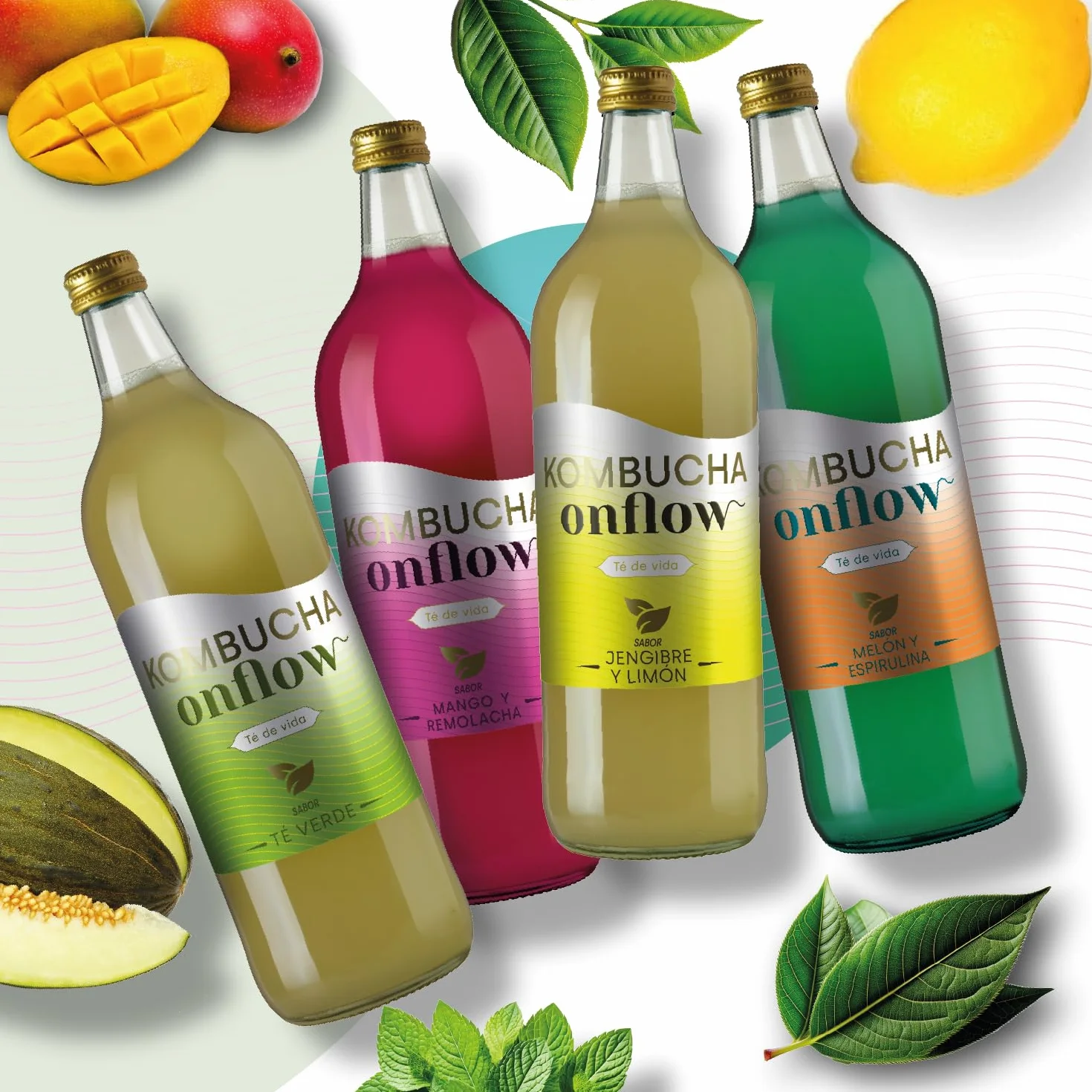 Kombucha Natural Onflow Sin Azúcar Pack 4 Botellas 1L Sabores Jenjibre-Limón Té Verde Mango-Remolacha Melón-Espirulina