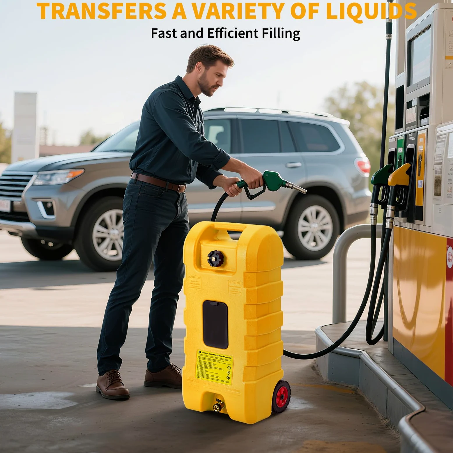 Bidón de combustible móvil con ruedas | Depósito de combustible HDPE con manguera de 10 pies, válvula de latón y pistola de combustible, bidón de gasolina, apto para coche, barco, ATV, cortacésped