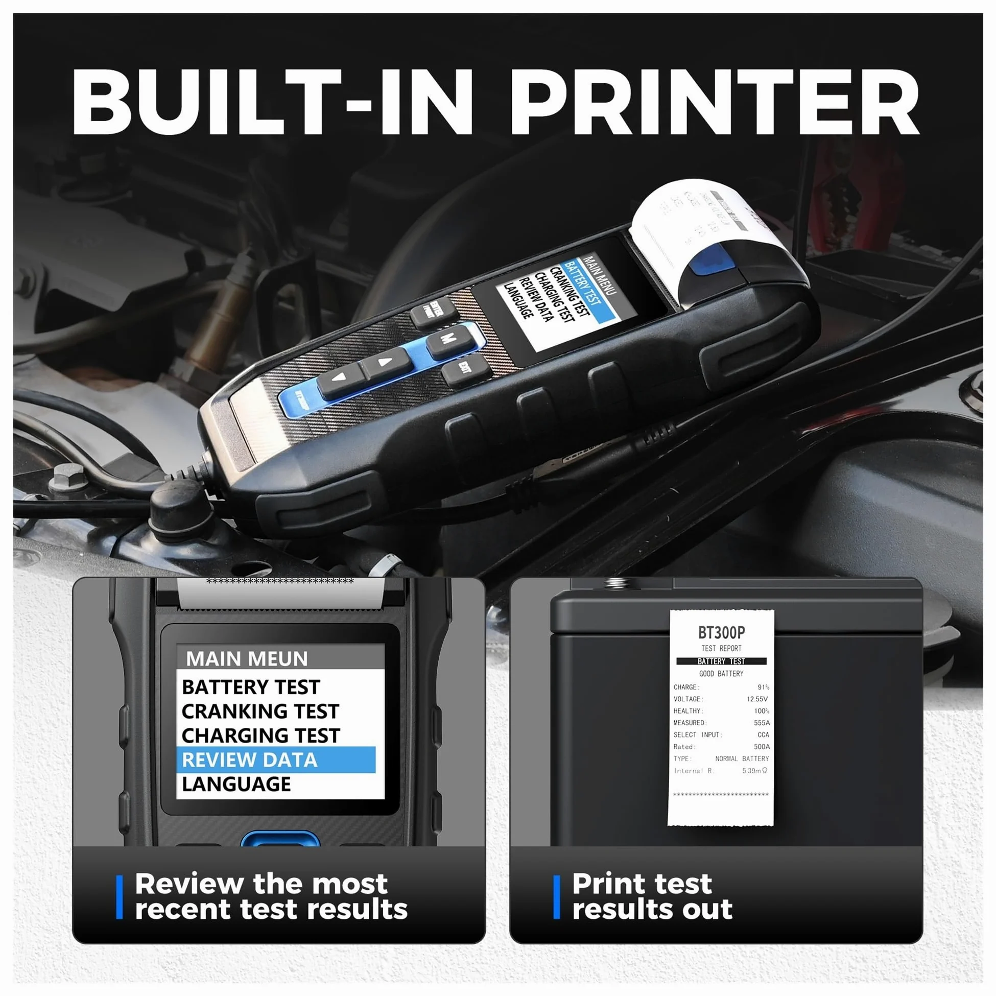 Comprobador de batería BT300P con Impresora, Prueba Carga Coche 12 V for Motocicleta, analizador Arranque y automática