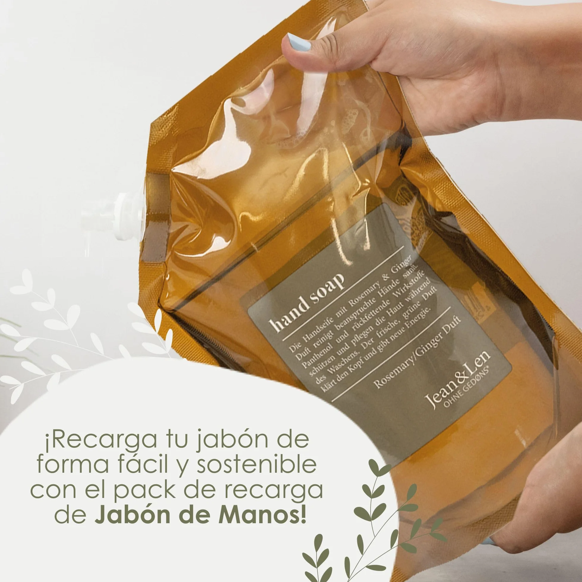 Jean & Len Jabón de manos Rosemary & Ginger 6 x 250 ml dosificador recargable sin parabenos