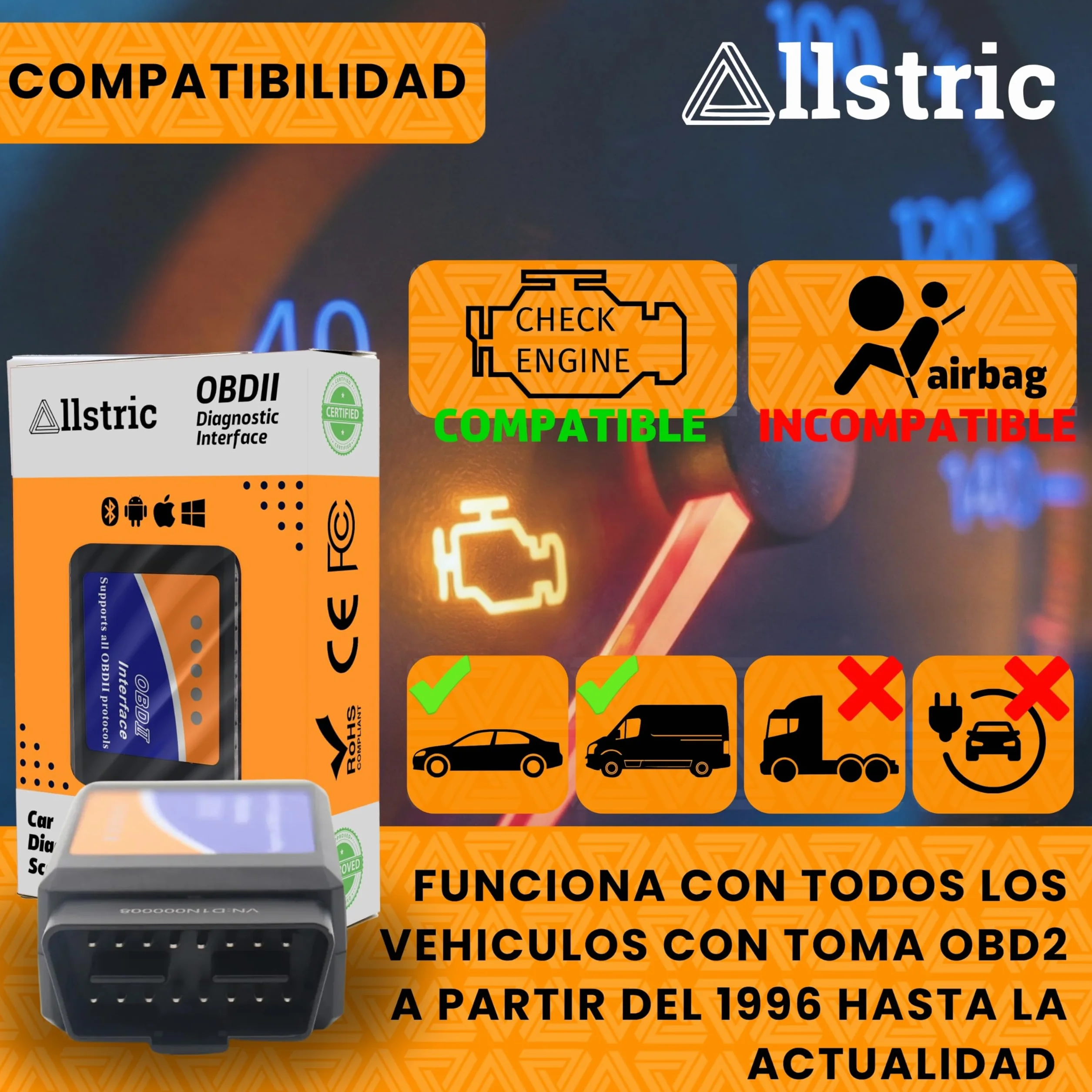 OBD2 Bluetooth para iOS, Android y Windows. OBD2 Diagnosis Coche Multimarca. Maquina Diagnosis Coche de Fallos y Errores de Motor. Escaner para Coches desde 1996 con toma OBD 2. Scanner OBD2