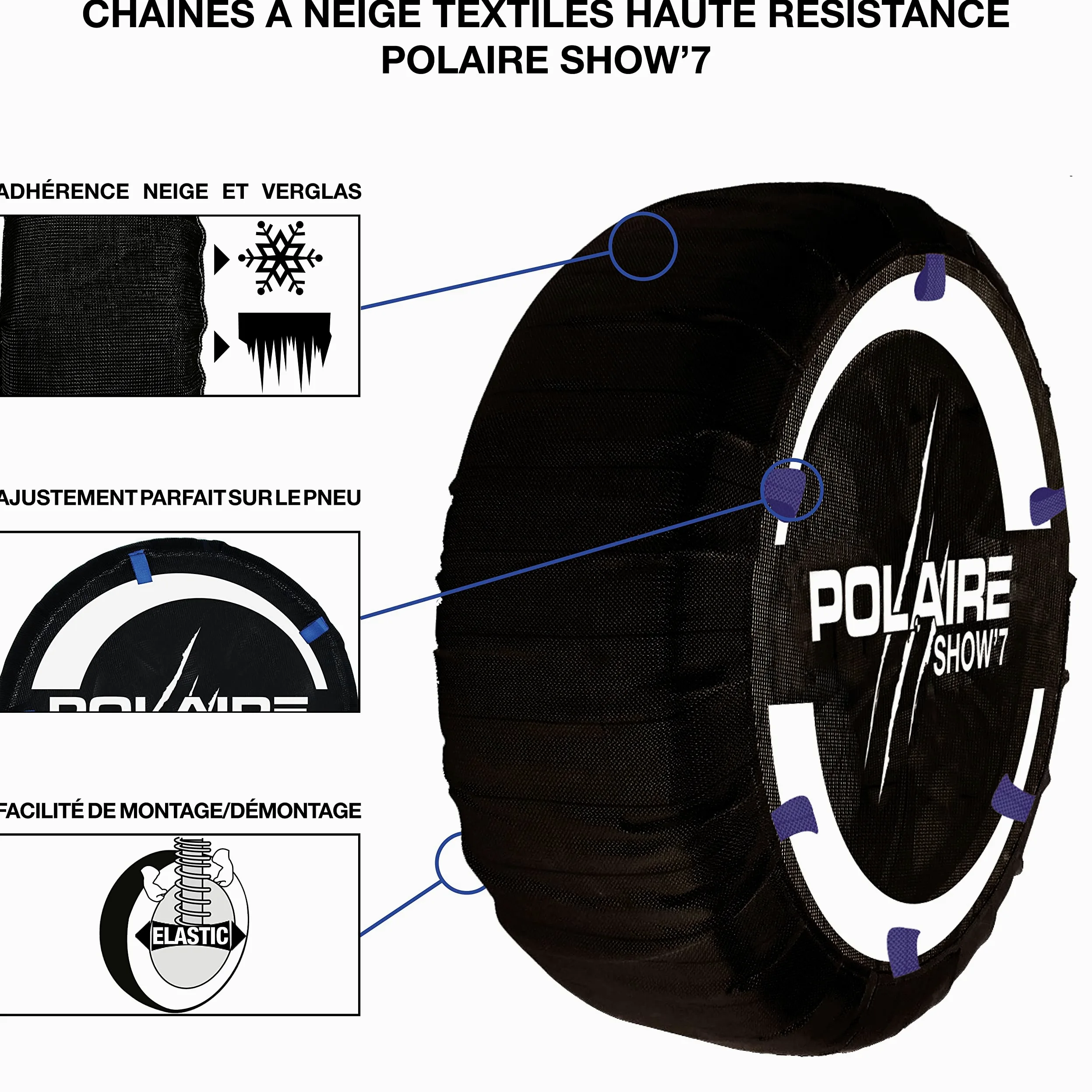 Polaire SHOW 7 – Par de cadenas textiles para nieve de alta resistencia para vehículos utilitarios ligeros y 4 x 4 – Tipo calcetín – Silencioso y ligero – Incluye caja de transporte y guantes
