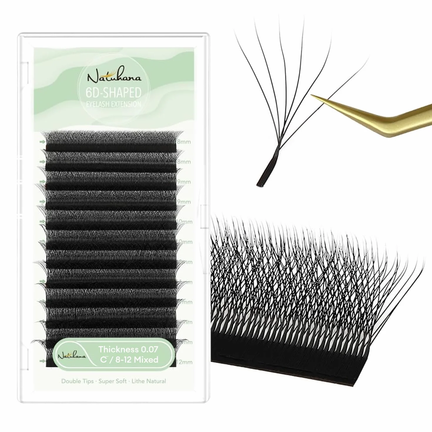 Clover 6D Extensiones de Pestañas Pelo a Pelo 0.07mm C Rizado 8-12mm Volumen Ruso Negro Profesional