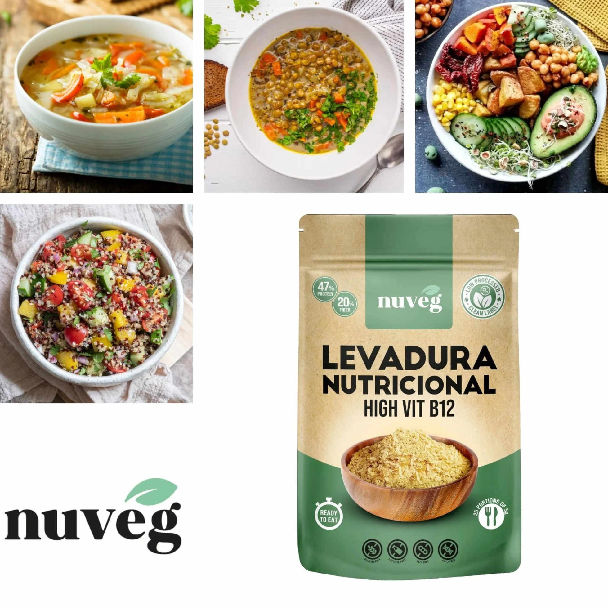 NUVEG Levadura Nutricional B12, Copos 250g Pack 2, Sin Gluten, Alto en Fibra y Proteínas 47%