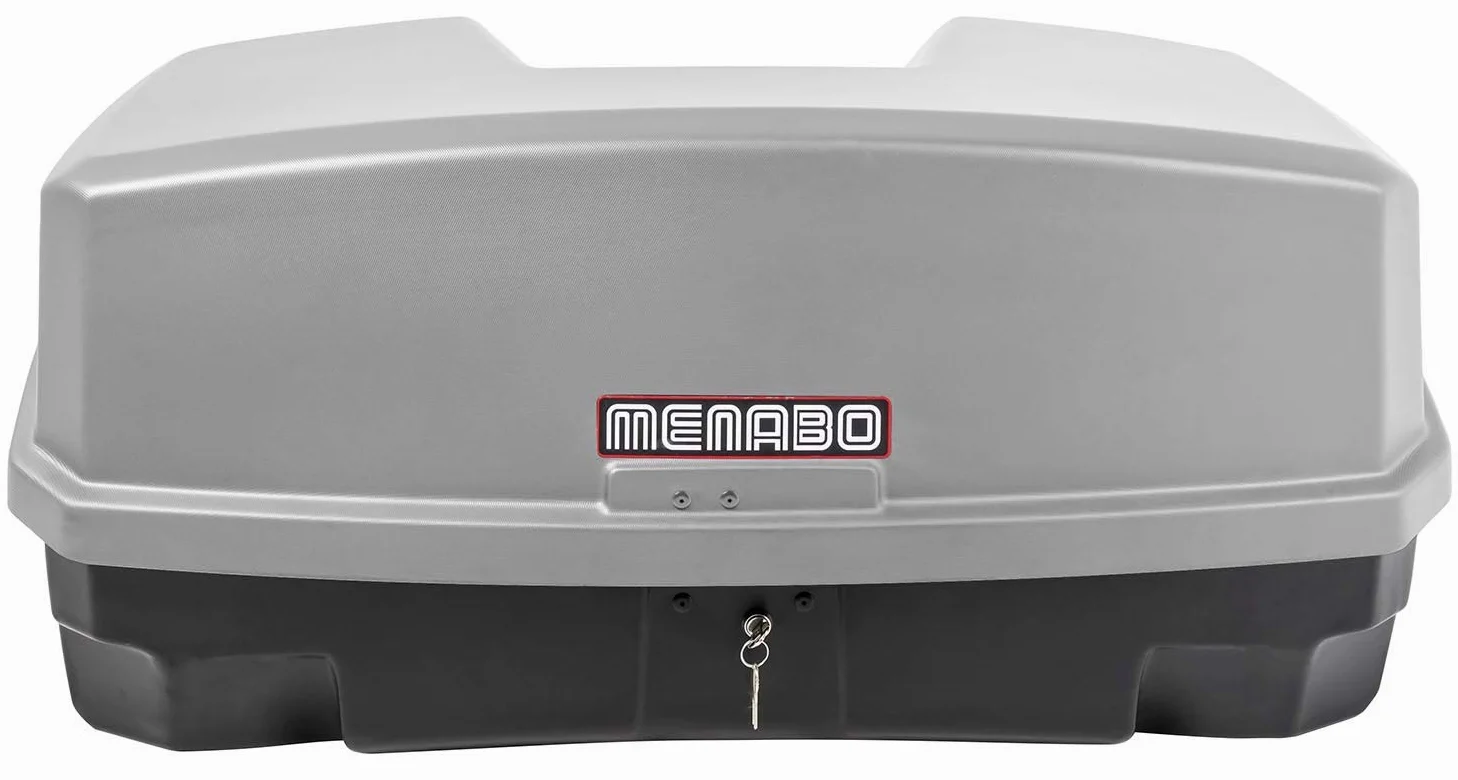 Ménabo Nekkar - Caja de transporte para portabicicletas (300 L, Gris, Dura, Montaje en portaequipajes, Se puede cerrar)