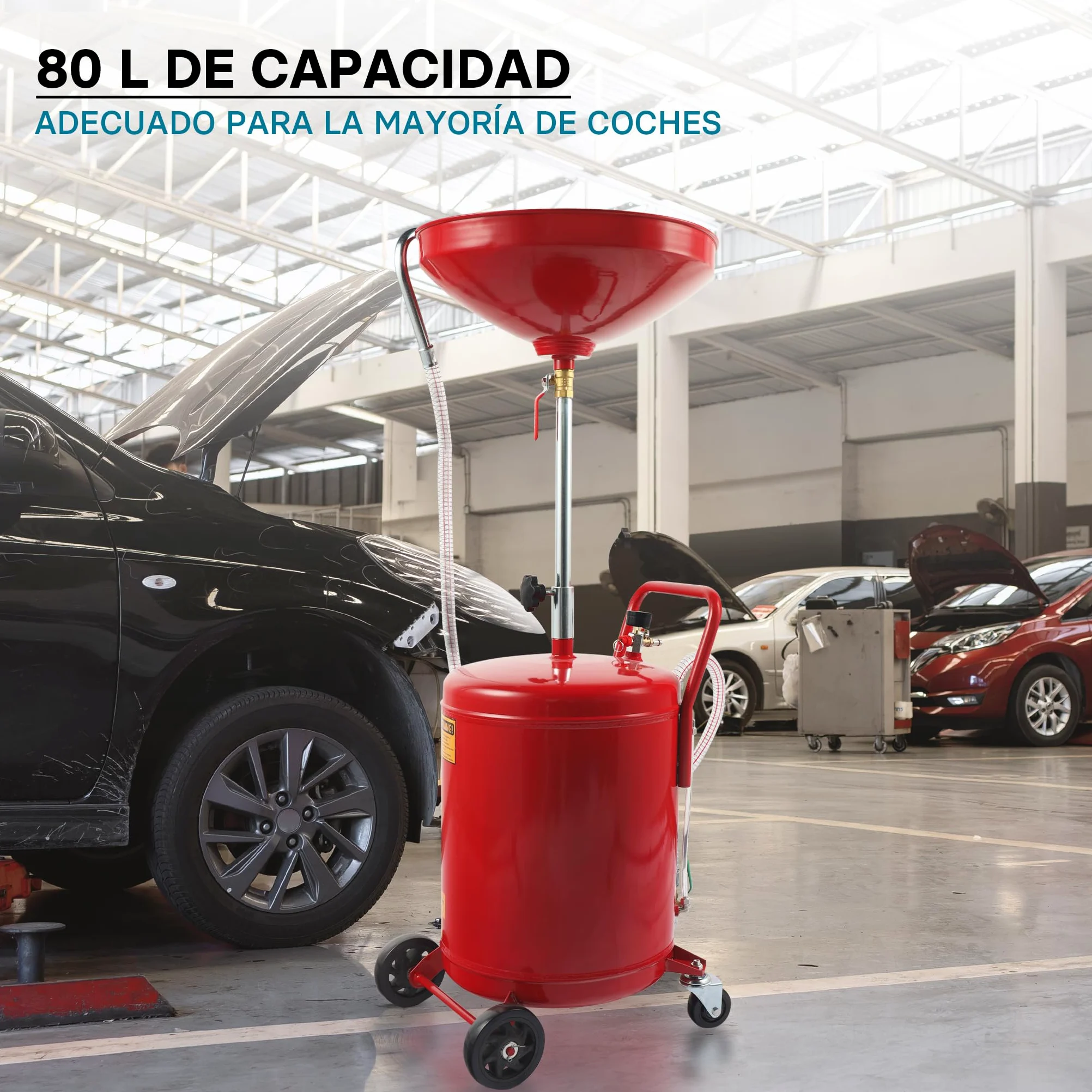 WilTec Recogedor de Aceite Usado 80l, Altura regulable122-168cm y chasis 4 Ruedas, Vaciado Aire a presión