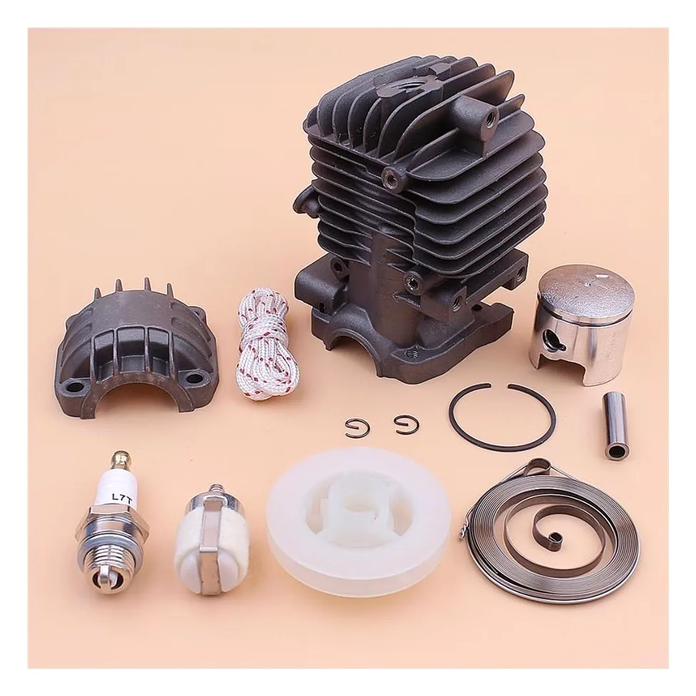 Kit de Base de cárter de Motor de pistón de Cilindro de 34 mm, Compatible con polea de Arranque de Retroceso de 25 CC, Resorte, Cuerda, bujía y Pieza de Motosierra.