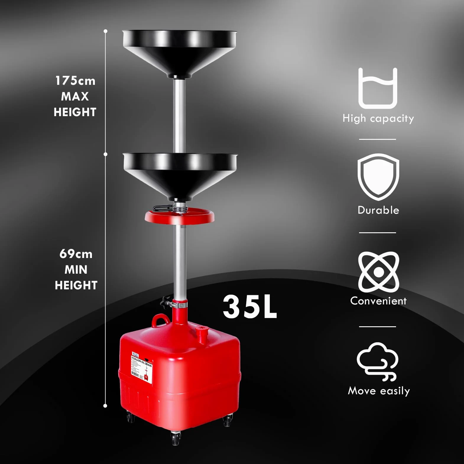 CCLIFE 35L Carro Recogida de Aceite Recogedor Aceite por Gravedad, Puede Utilizarse en talleres de automoción Altura Regulable 69-175cm