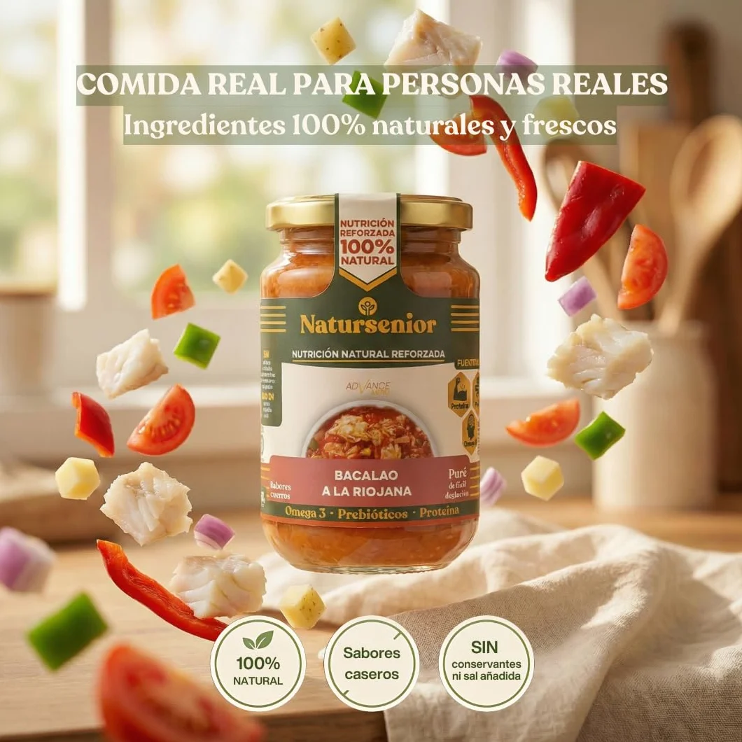 Natursenior Comida Triturada para Personas Mayores Puré de Bacalao a la riojana 100% Natural Omega 3 Fibra Proteína 6 uds x 340g