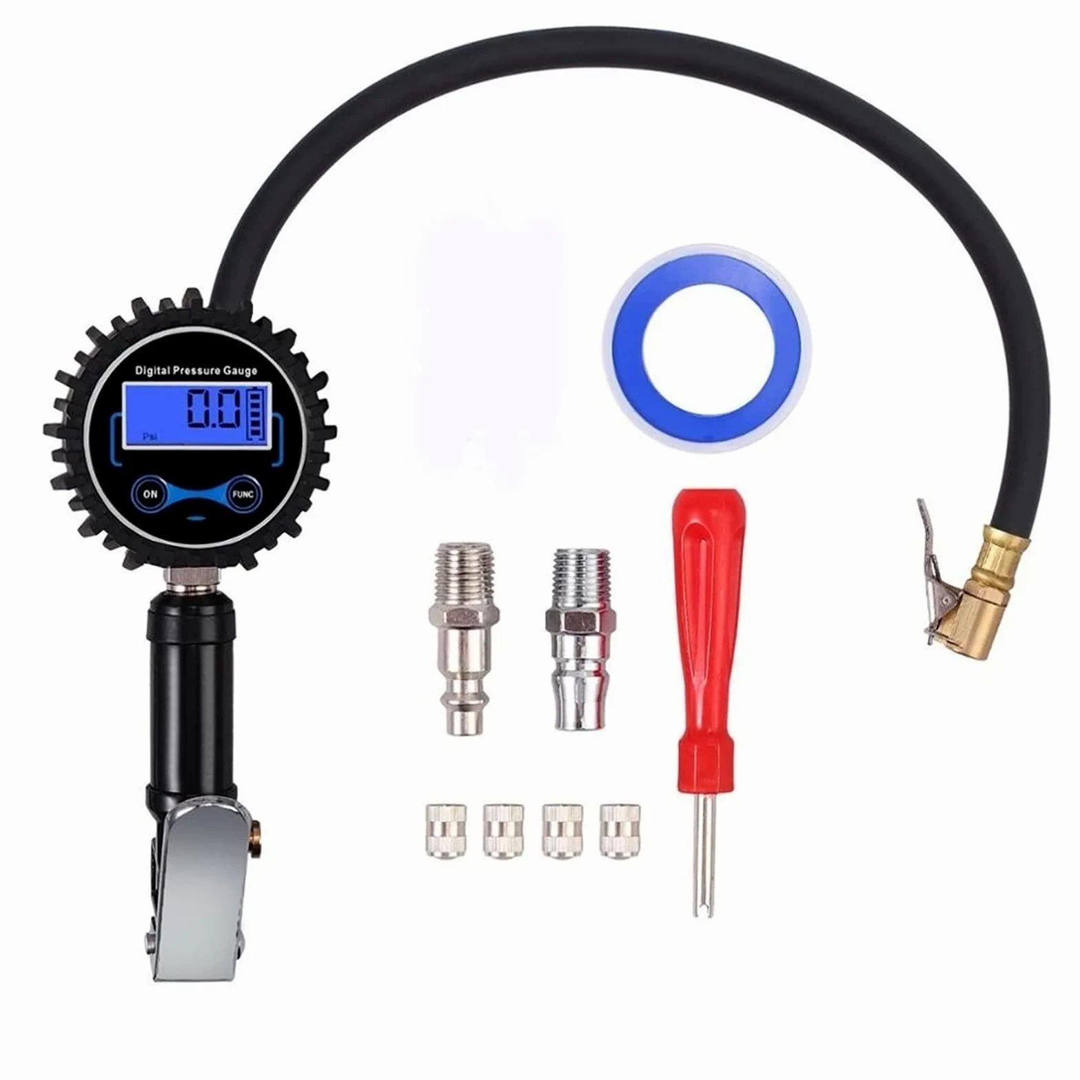 Inflador de neumáticos Digital 0-200PSI con manómetro con 4 Tapas de válvula Indicador de inflado de neumáticos de Acero con Manguera de Goma