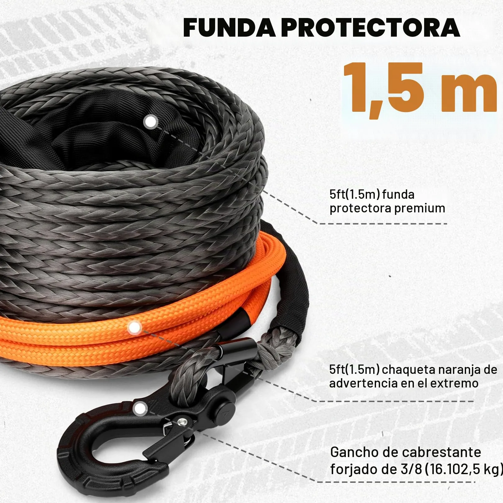 SHALL Correas y Cuerdas de Remolque, Cuerda sintética para cabrestante de 12 mm x 28 m de Largo, 16 toneladas (35500 LB), Funda Protectora, Gancho Forjado para cabrestante y Correa de Seguridad