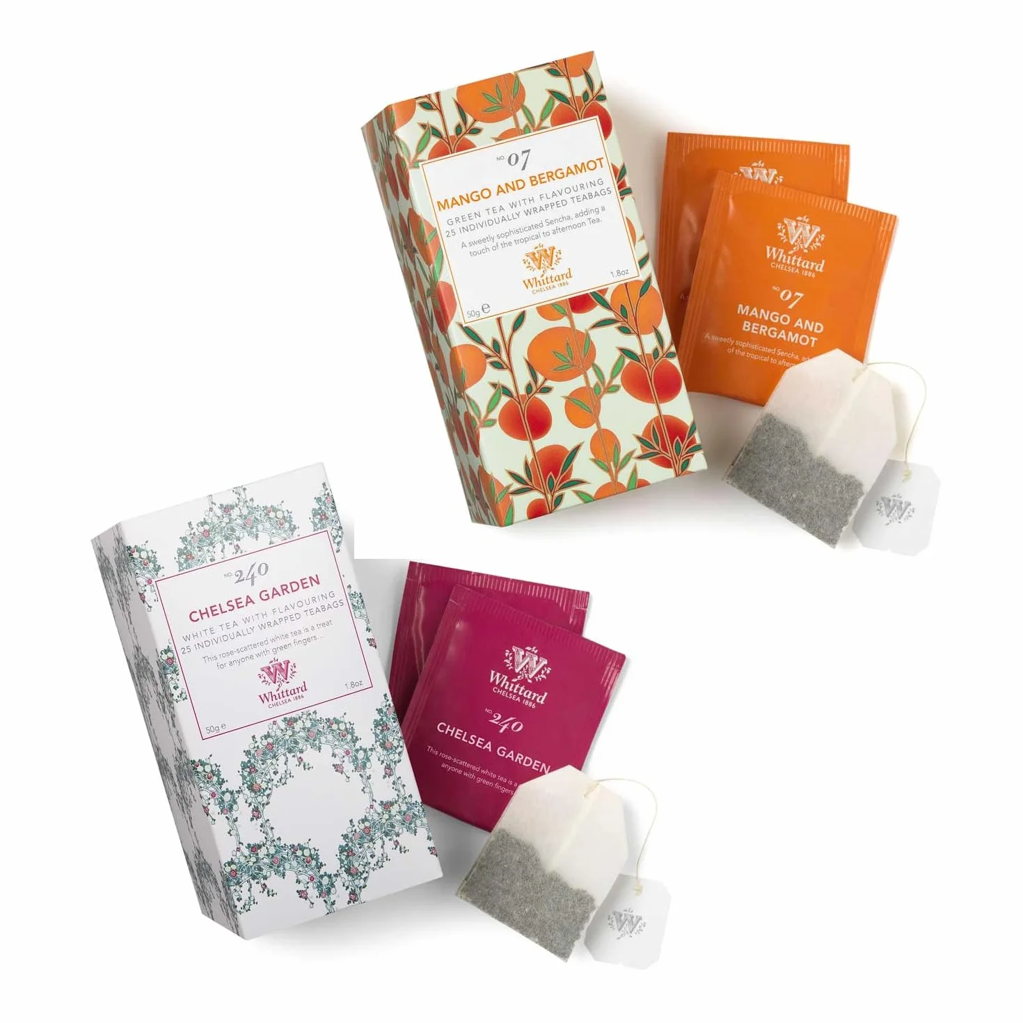 Whittard Té blanco sabor pétalo rosa Té verde mango bergamota 2 x 25 bolsitas 2 x 50 Gr