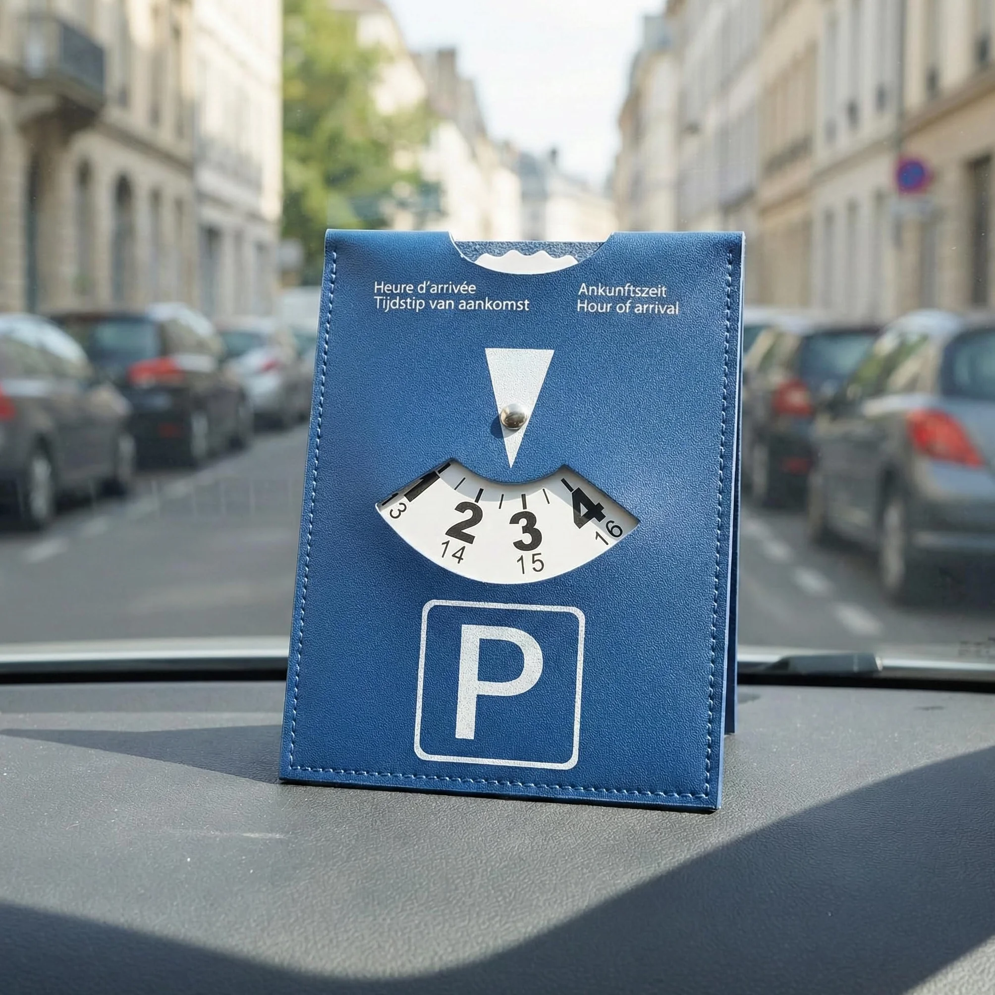 Disco horario Europeo para estacionamiento 1 Unidad Grande 10x13 cm Color Azul en Cuero sintético Suave para Coche Moto y Autocaravana Uso Urbano y Viajes