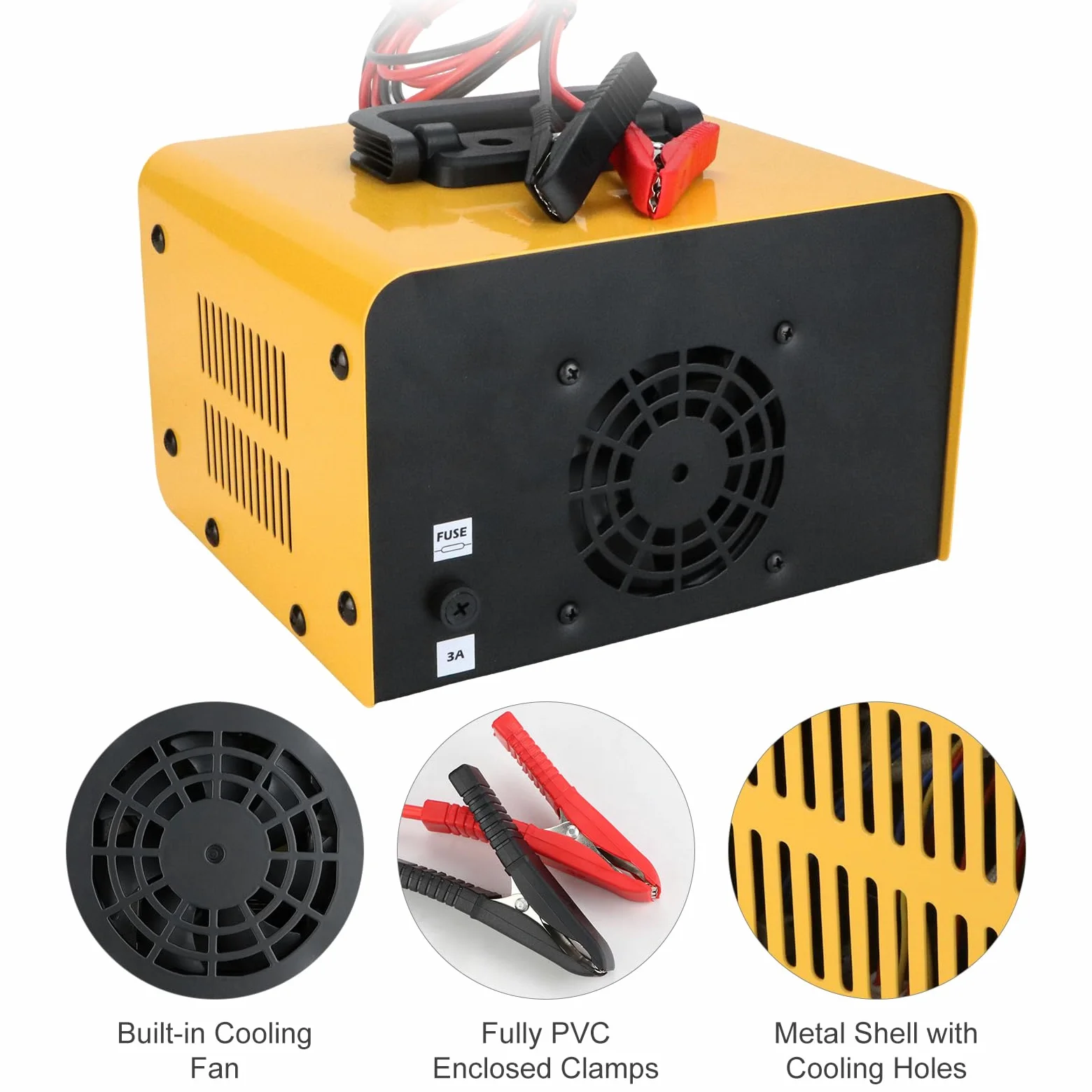 Anesty Cargador de batería de coche de 12 V, 24 V, 20-250 Ah, cargador de batería inteligente de plomo-ácido, unidad de carga automática de batería de coche resistente para furgoneta, motocicleta,
