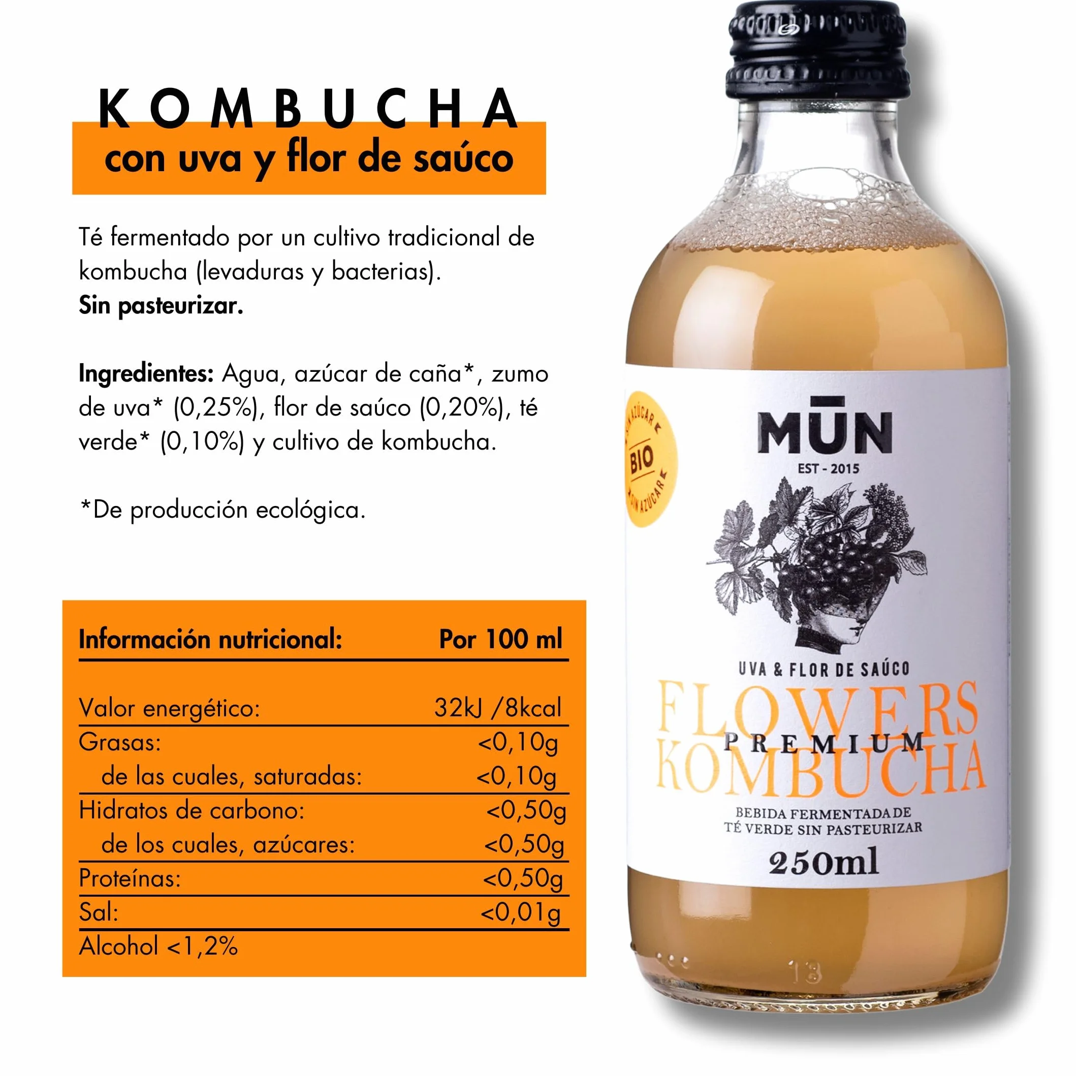 Mūn Ferments Té Kombucha Pack Mix 12x250ml Ecológico Bio Probióticos Naturales Ginger Hibiscus Flowers