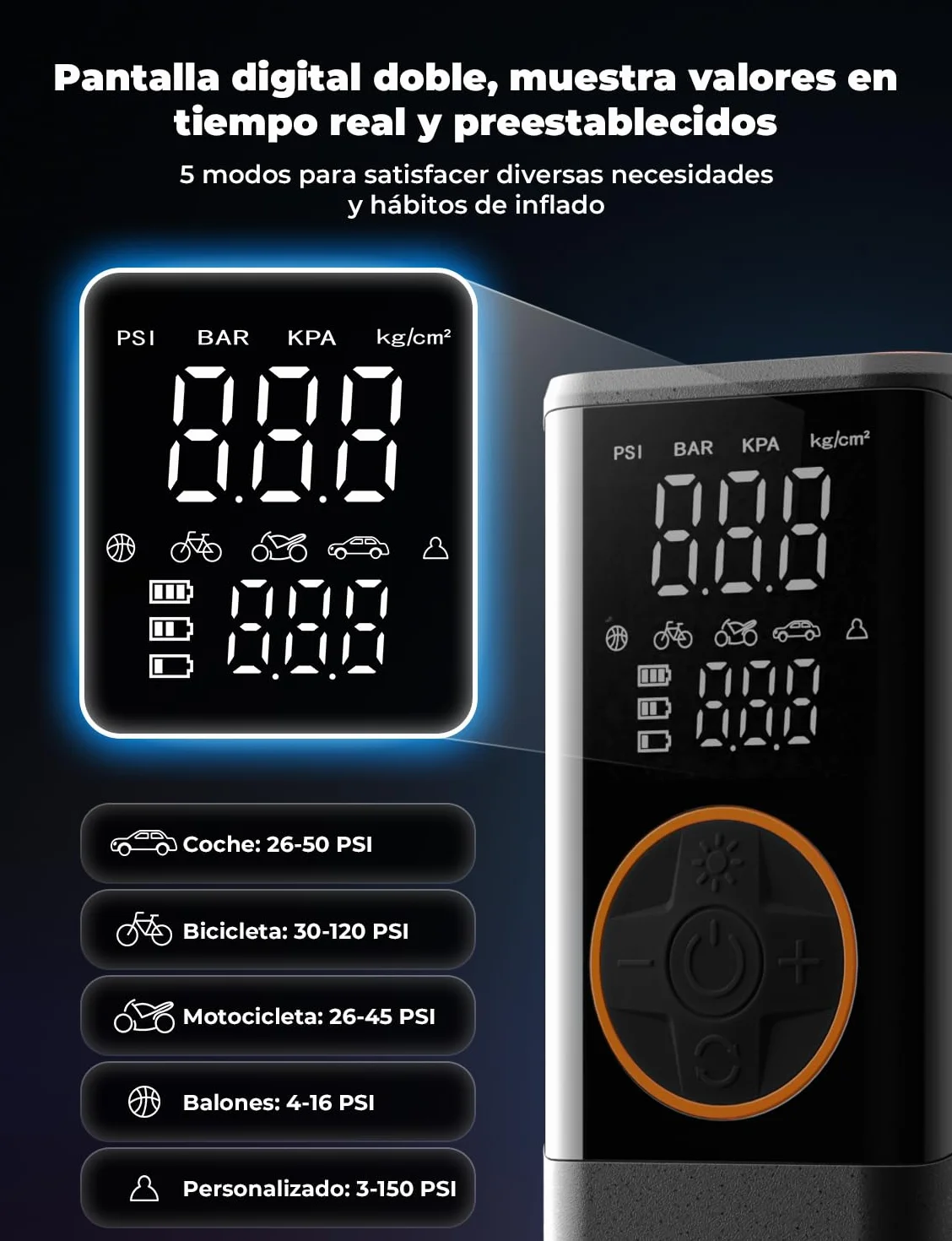 Oasser Compresor Aire Portatil 6000mAh 150PSI Inflador Ruedas Coche Pequeño Pantalla LCD Doble Visualización Cable Encendedor 3M Parada Automática Bolsa Almacenamiento para Coche Moto Bicicleta Bola