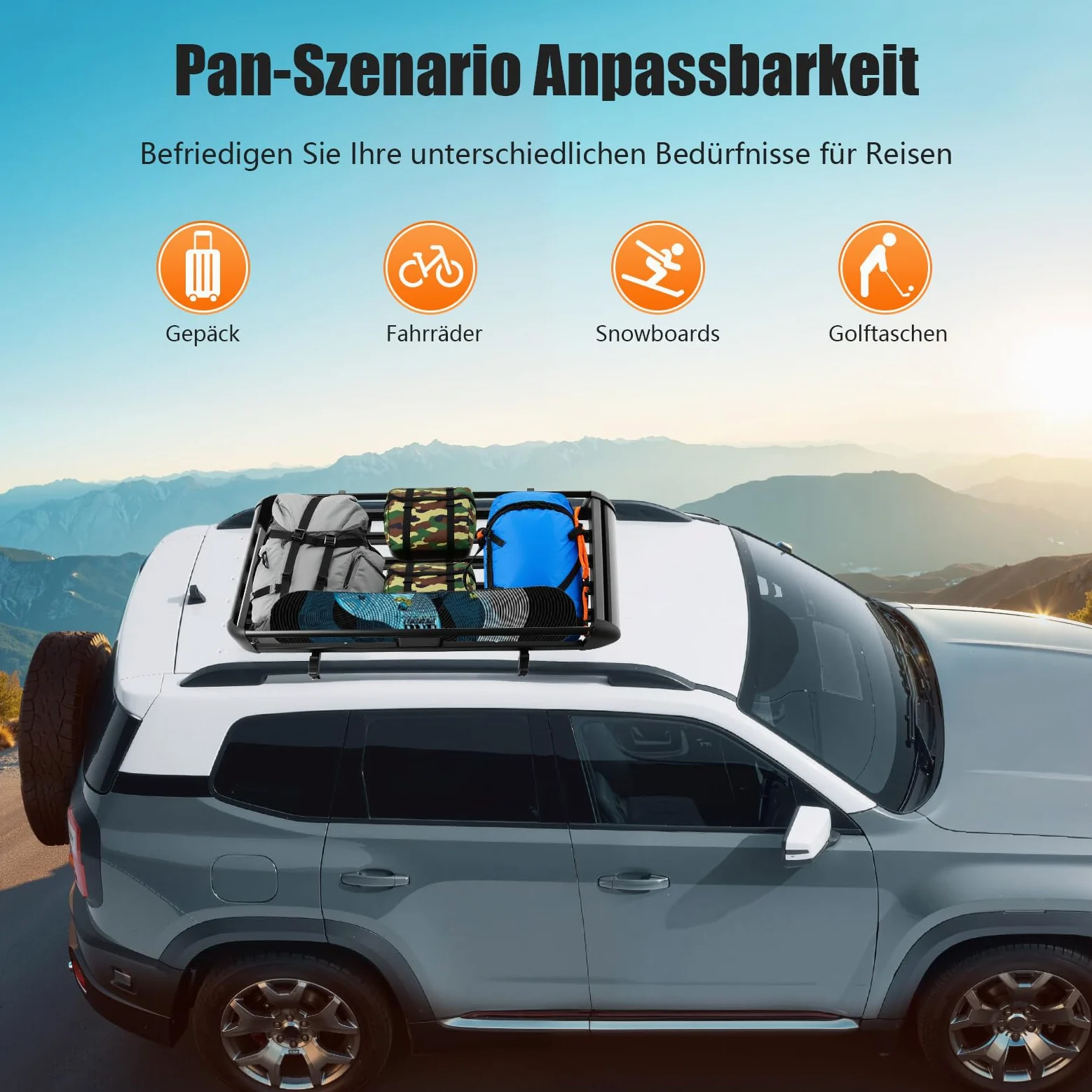 Portaequipajes universal para coche, cesta de techo de aluminio, capacidad de carga de 150 kg, color negro, ancho ajustable para modelos SUV. Barras de techo de 140 cm. Portaequipajes para