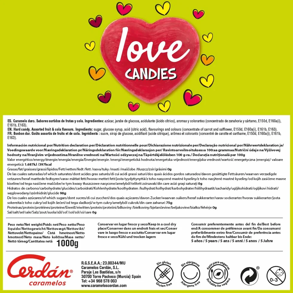 Caramelos Cerdán Caramelos con Forma de Corazón Love 333 Uds Bolsa 1Kg Sabores Surtidos Sin Gluten