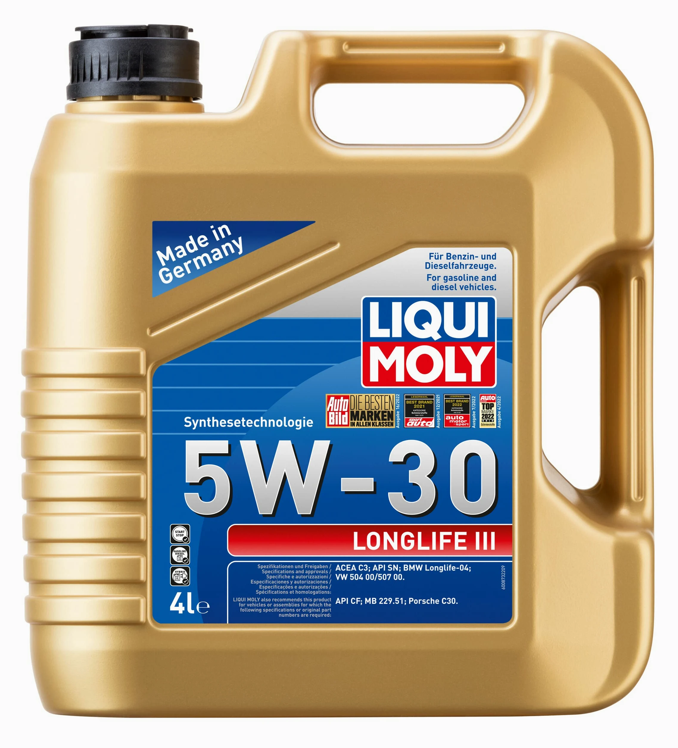 LIQUI MOLY Aceite de motor 5W-30 Longlife III Aceite sintetico ACEA C3 API SN API CF 4L Compatible con VW Polo V Hatchback 6R1, 6C1 up! Hatchback 121, 122, BL1, BL2, BL3, 123, TOYOTA AYGO WNB1, KGB1