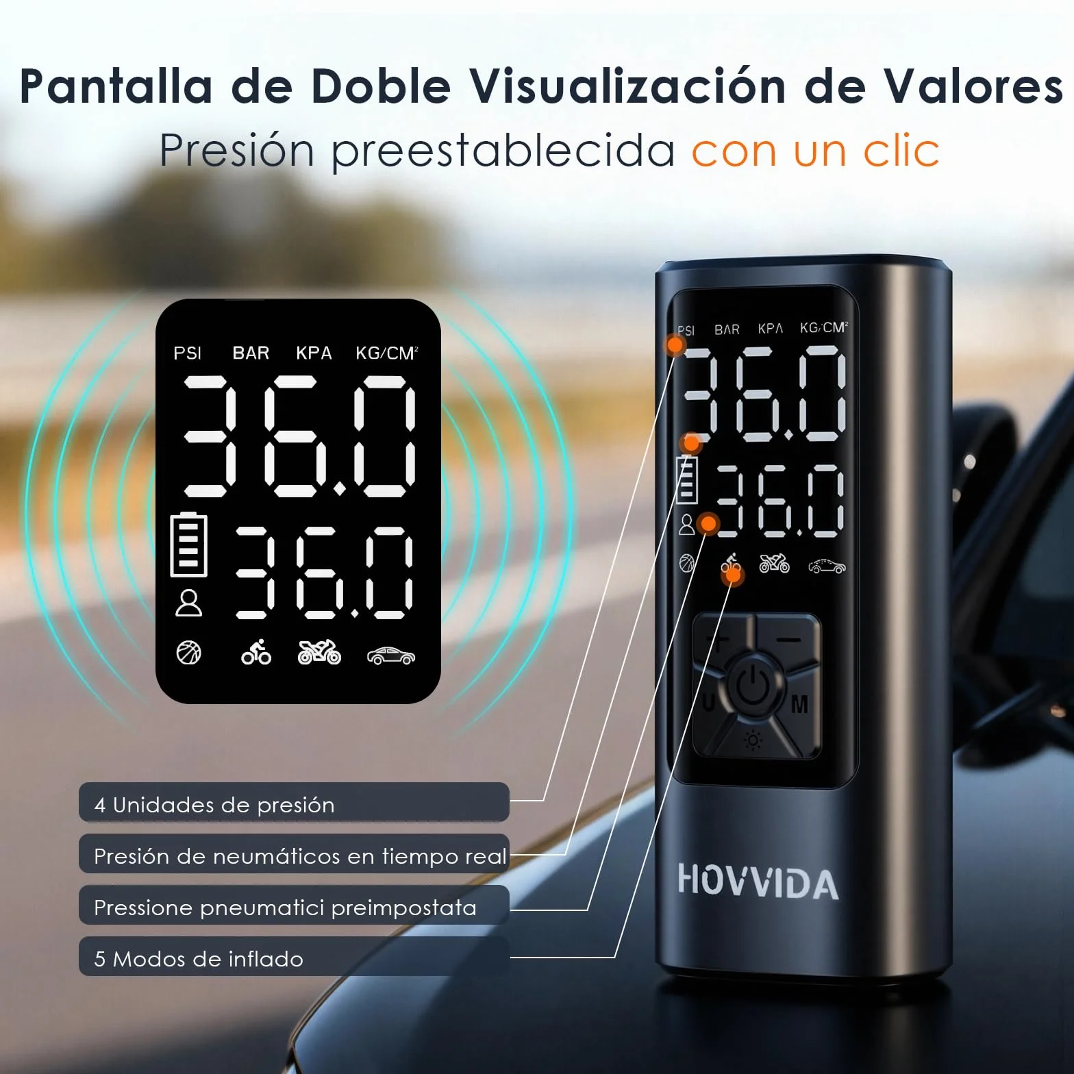 HOVVIDA Compresor Aire Portatil 150 PSI 10,3 Bar 5V Inflador Ruedas Coche Bicicleta Batería Recargable LED