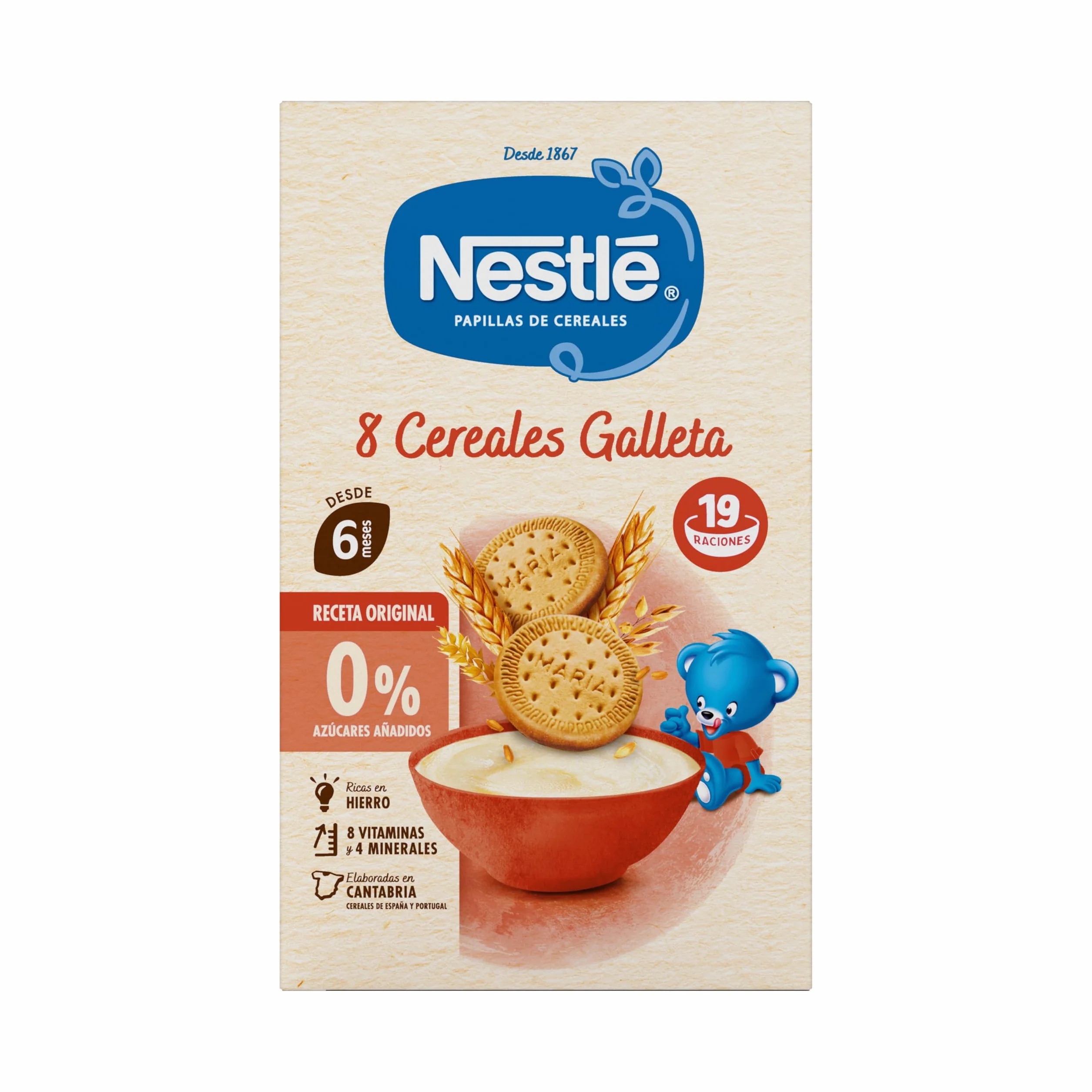 Nestlé Papilla 8 Cereales con Galleta 475 g sin azúcares añadidos a partir de 6 meses