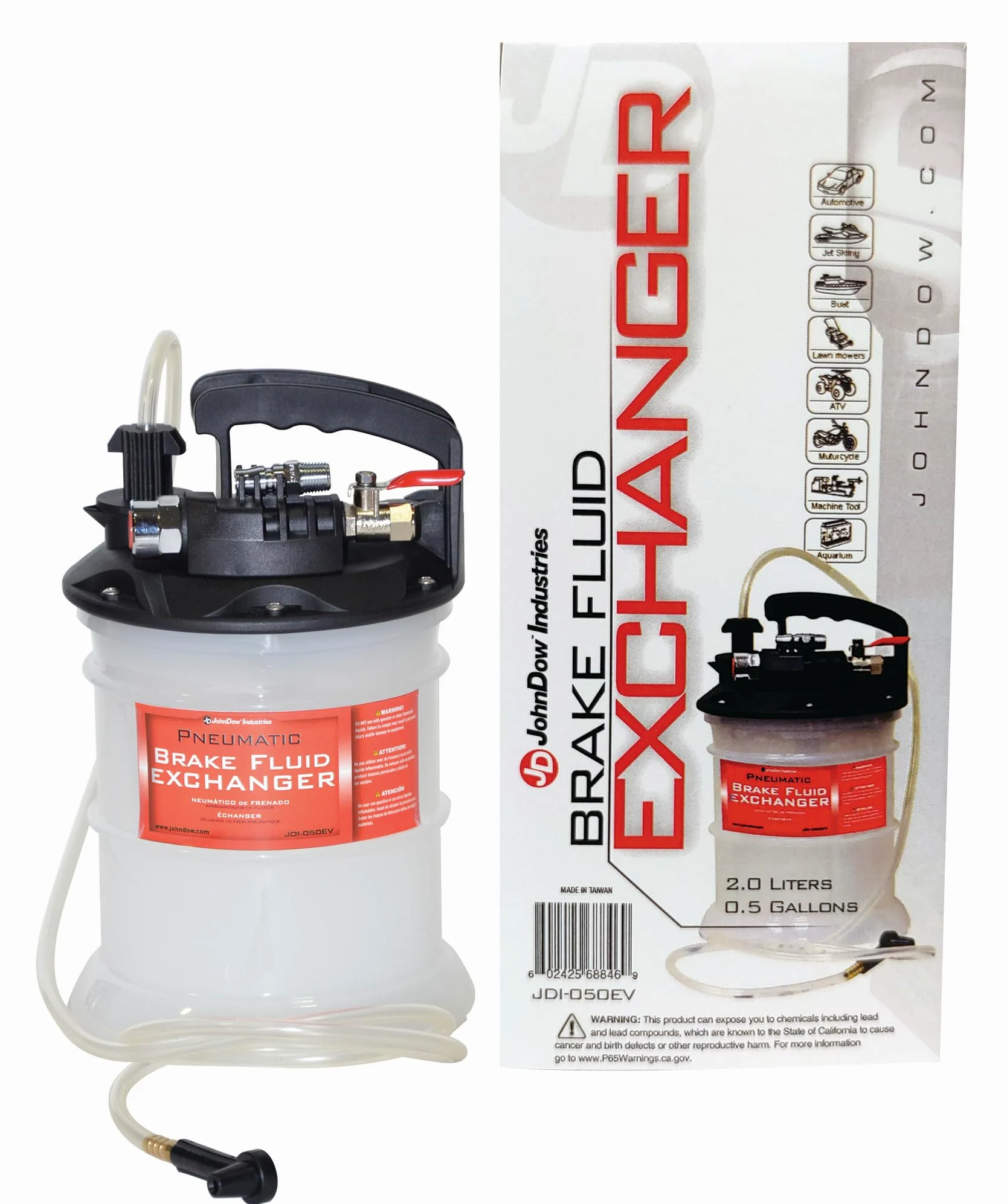 JohnDow Industries JDI-050EV - Purgador de líquido de frenos neumático operado por aire, capacidad de 0.5 galones con botella de repuesto de líquido incluida, color blanco