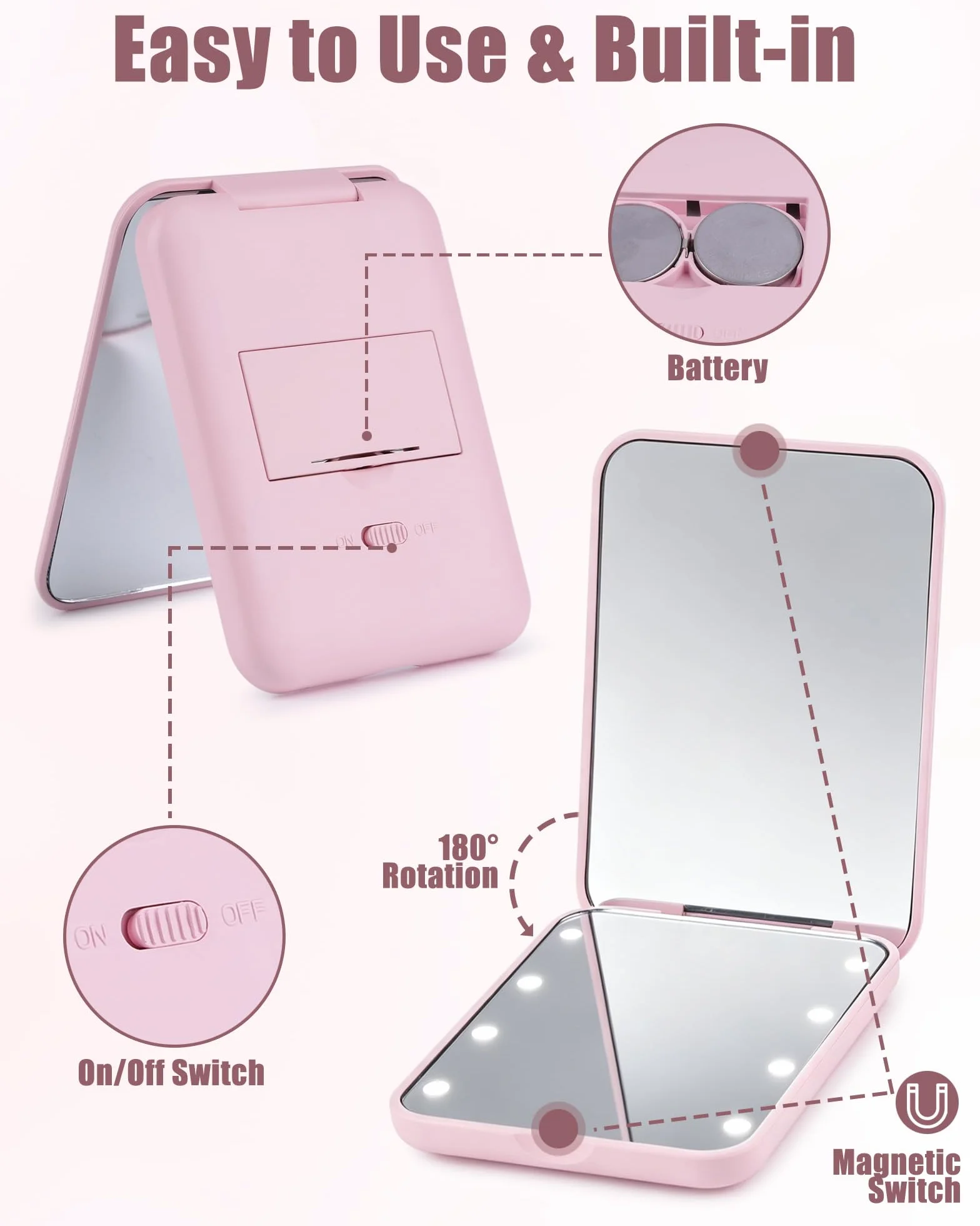 Espejo Maquillaje con Luz LED Plegable Aumento 1x/2x Portátil Rosa