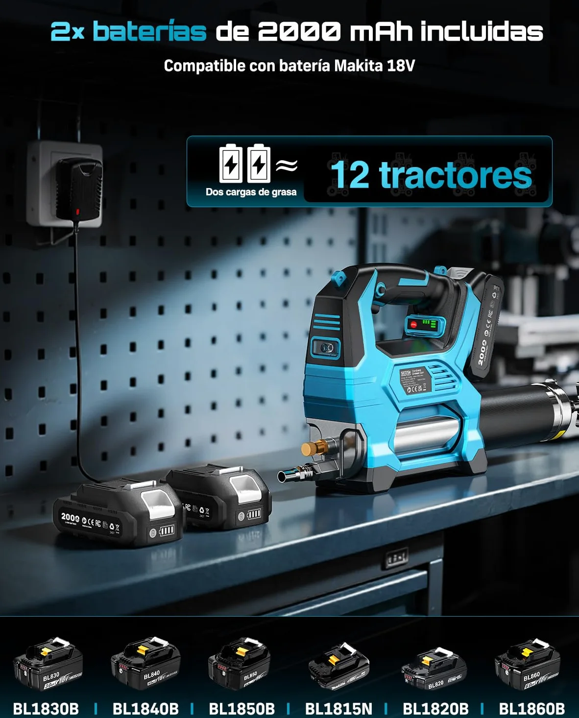 Seesii 12.000 PSI Engrasadora Batería con 2 Baterías, 3 Velocidades | Manguera de 1.2m, Acoplador de 90°, 3 Boquillas, Compatible con la batería Makita, Motor Brushless, para Equipos Pesados