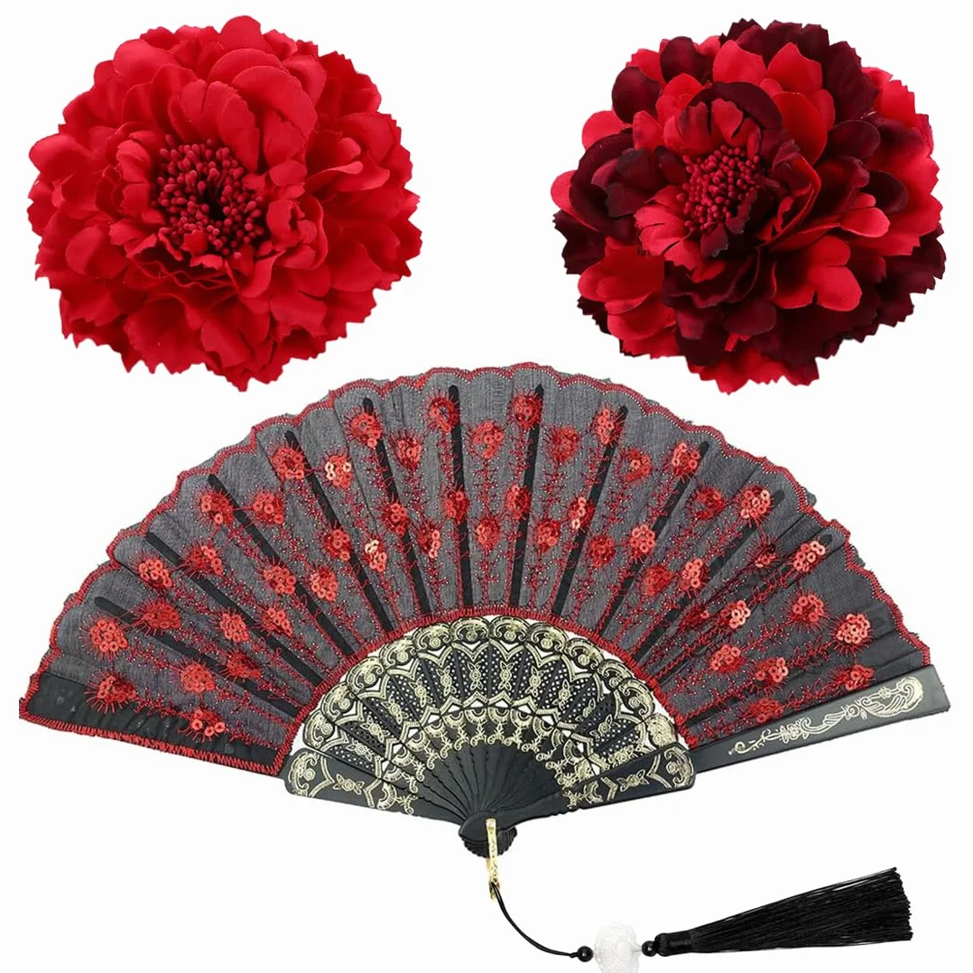 Horquillas flamenco flores artificiales peonias rojas abanico grandes pelo grueso fino playa mujeres niñas