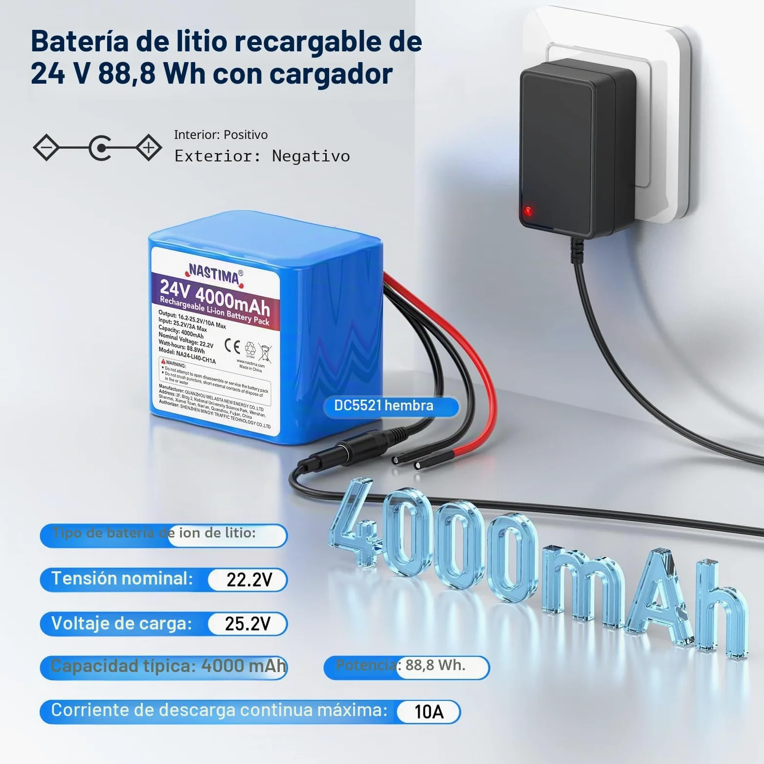 NASTIMA de 4000mAh y 88,8Wh 24V Batería Recargable de Iones de Litio | para Altavoces Bluetooth, Coches Teledirigidos, Sistemas de Energía Solar, Bricolaje, etc. Incluye Cargador y Conector