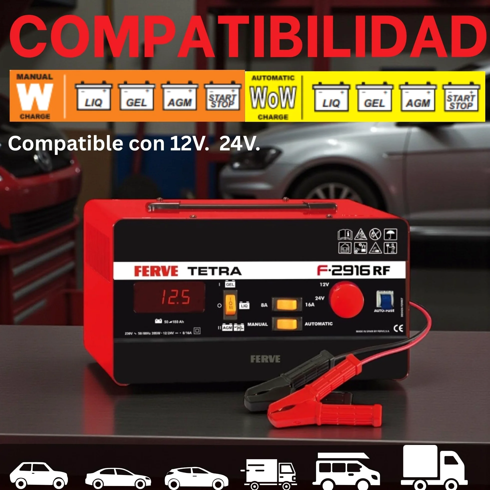 Ferve F-2916 Cargador de Bateria Manual y Automático - Mantenedor Inteligente 8-16A 12/24V - Ideal para Auto, Moto y Camión – Test de Batería y Alternador - Tecnología RF - Para Baterías Plomo-ácido