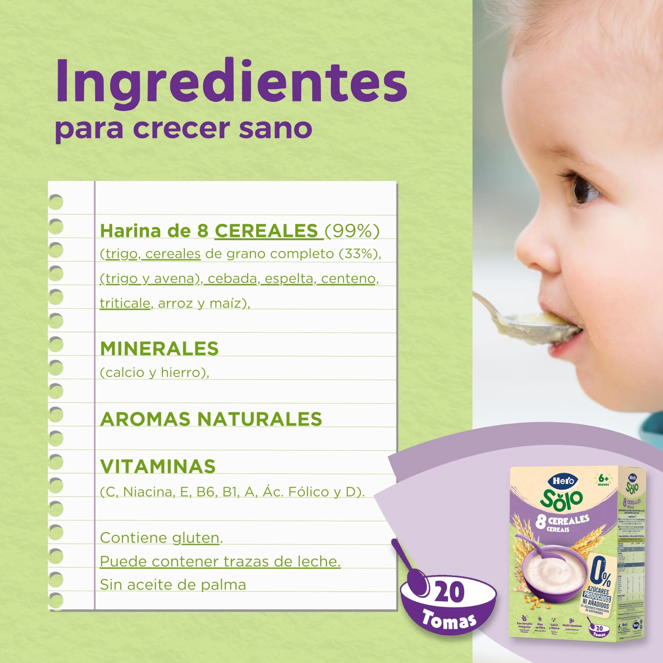 Hero Solo Papilla 8 Cereales Sin Azúcares Añadidos para Bebés a partir de 6 meses