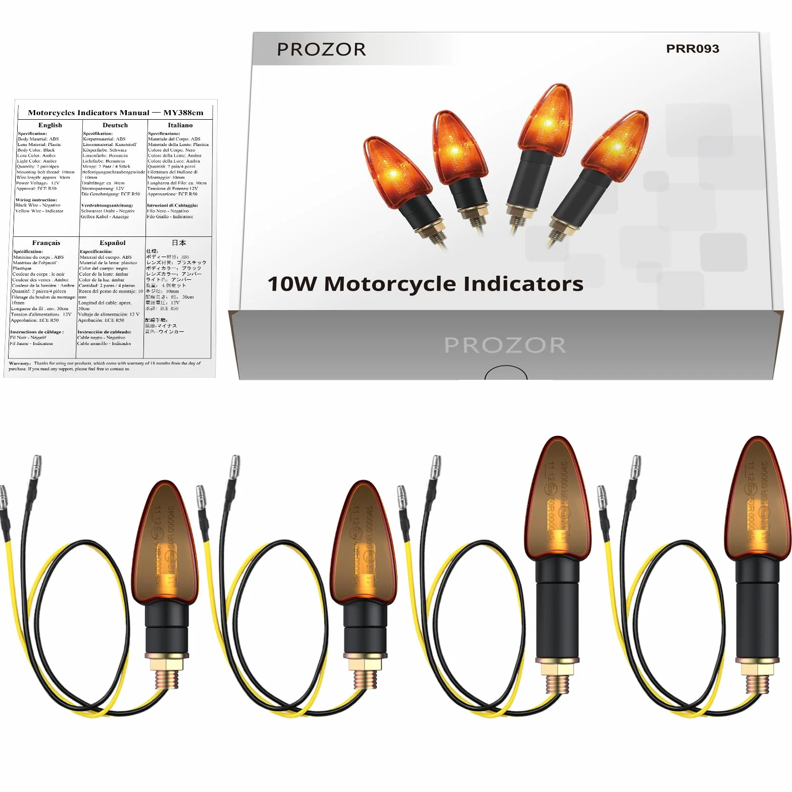 PROZOR 4PCS Intermitentes Moto Universal Homologadas ECE R50 Luces de Señal de Giro Impermeable IP65 Bombilla de Alta Potencia10W Indicador de Señal de Giro Ámbar para M10 Motocicleta Moto 12V